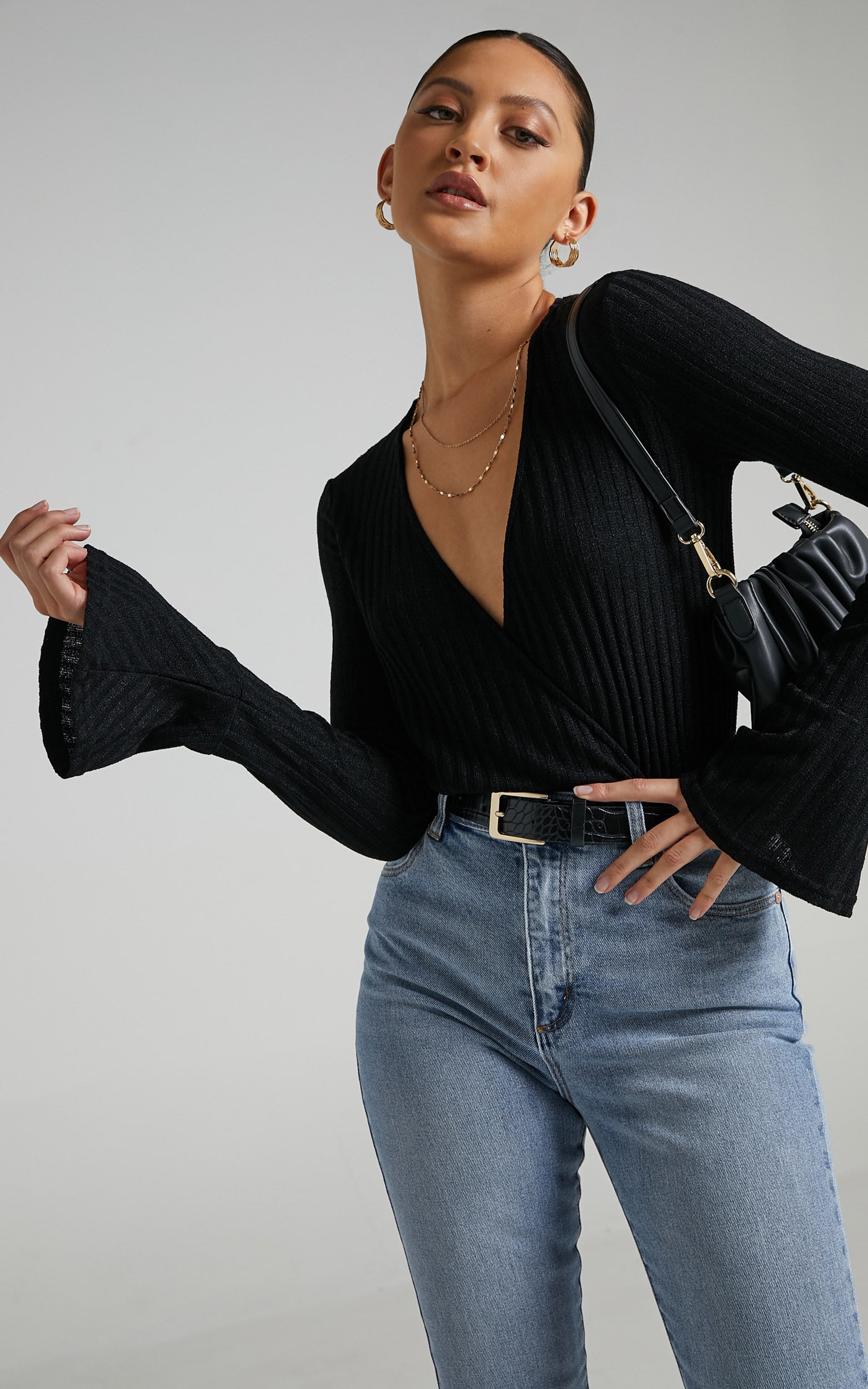 Portland Flare Sleeve Bodysuit in Black