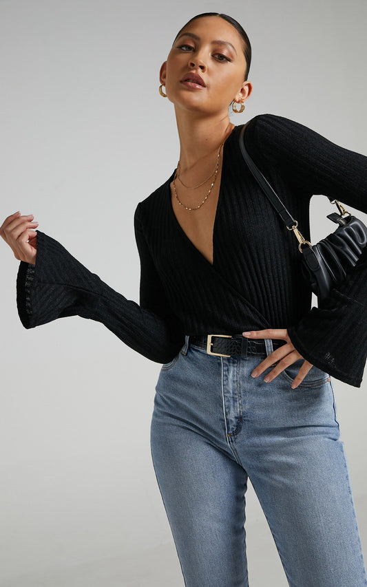 Portland Flare Sleeve Bodysuit in Black