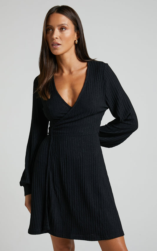 Precila Mini Dress - Long Sleeve Rib Wrap Dress in Black