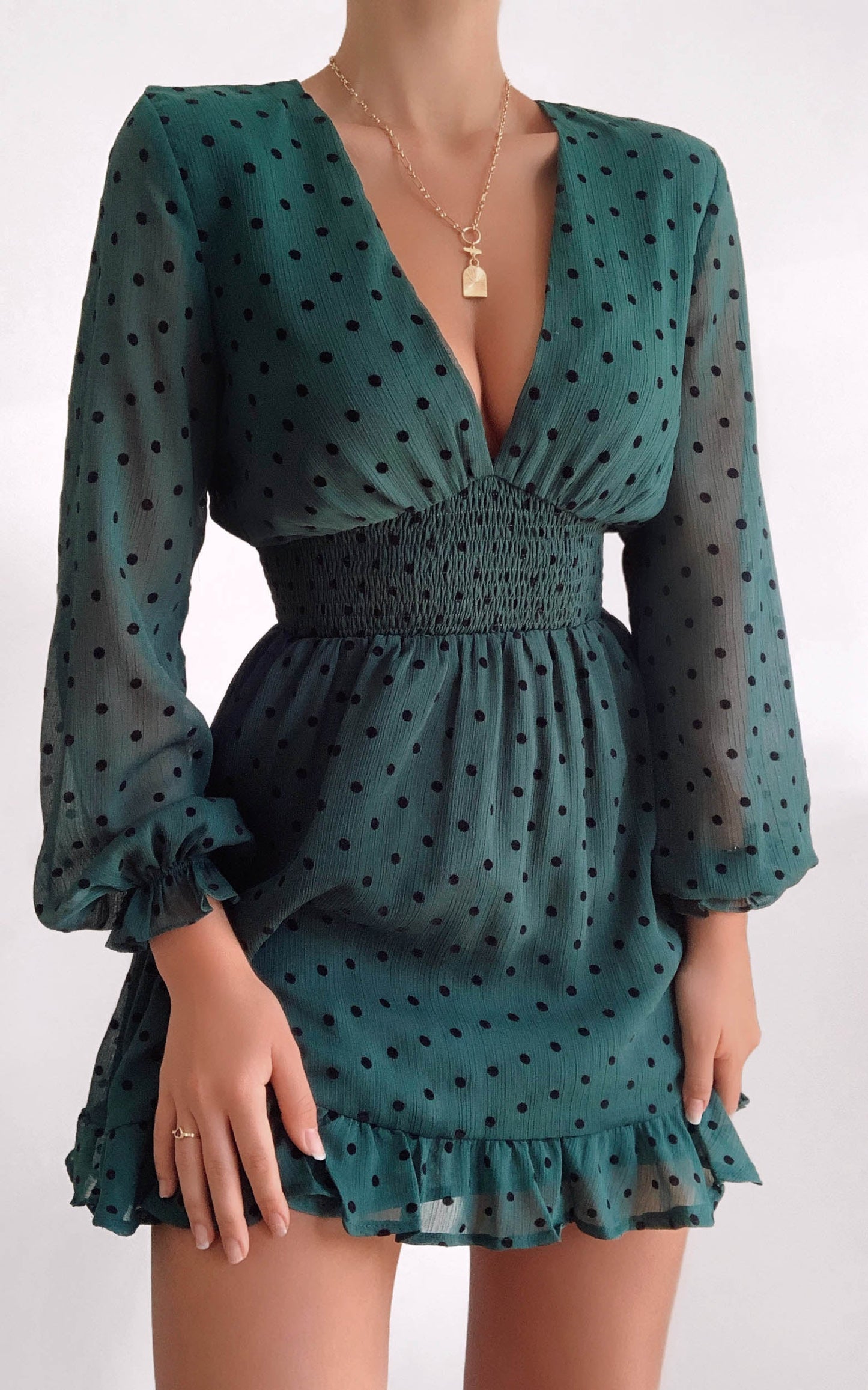 Pretty As You Long Sleeve Mini Dress in Emerald Spot