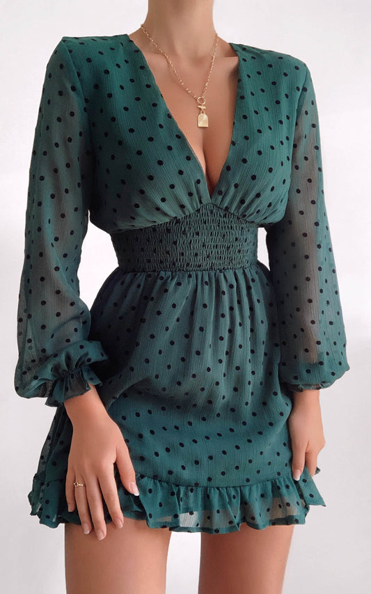 Pretty As You Long Sleeve Mini Dress in Emerald Spot