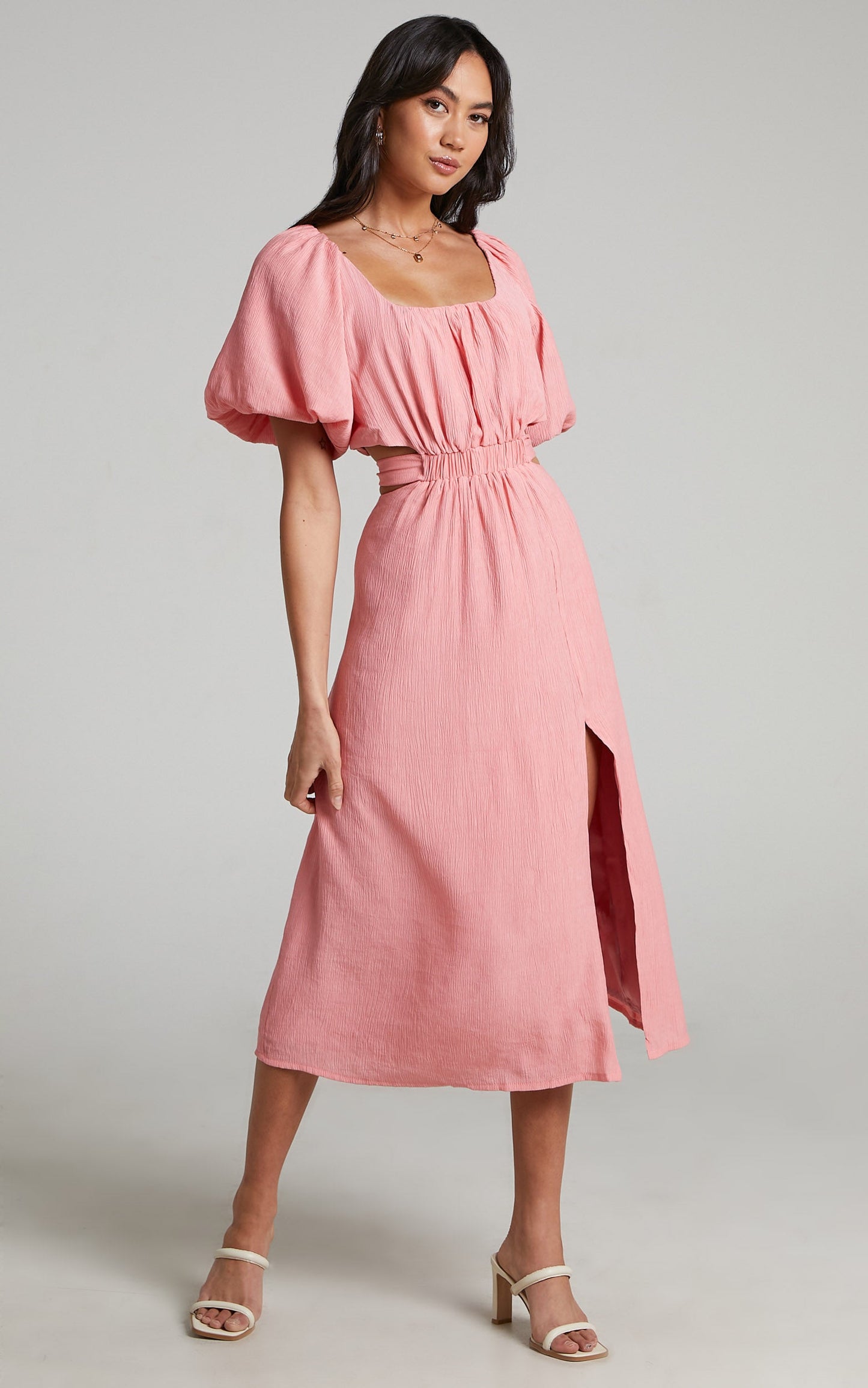 Pristina puff sleeve cut out midi dress in Coral