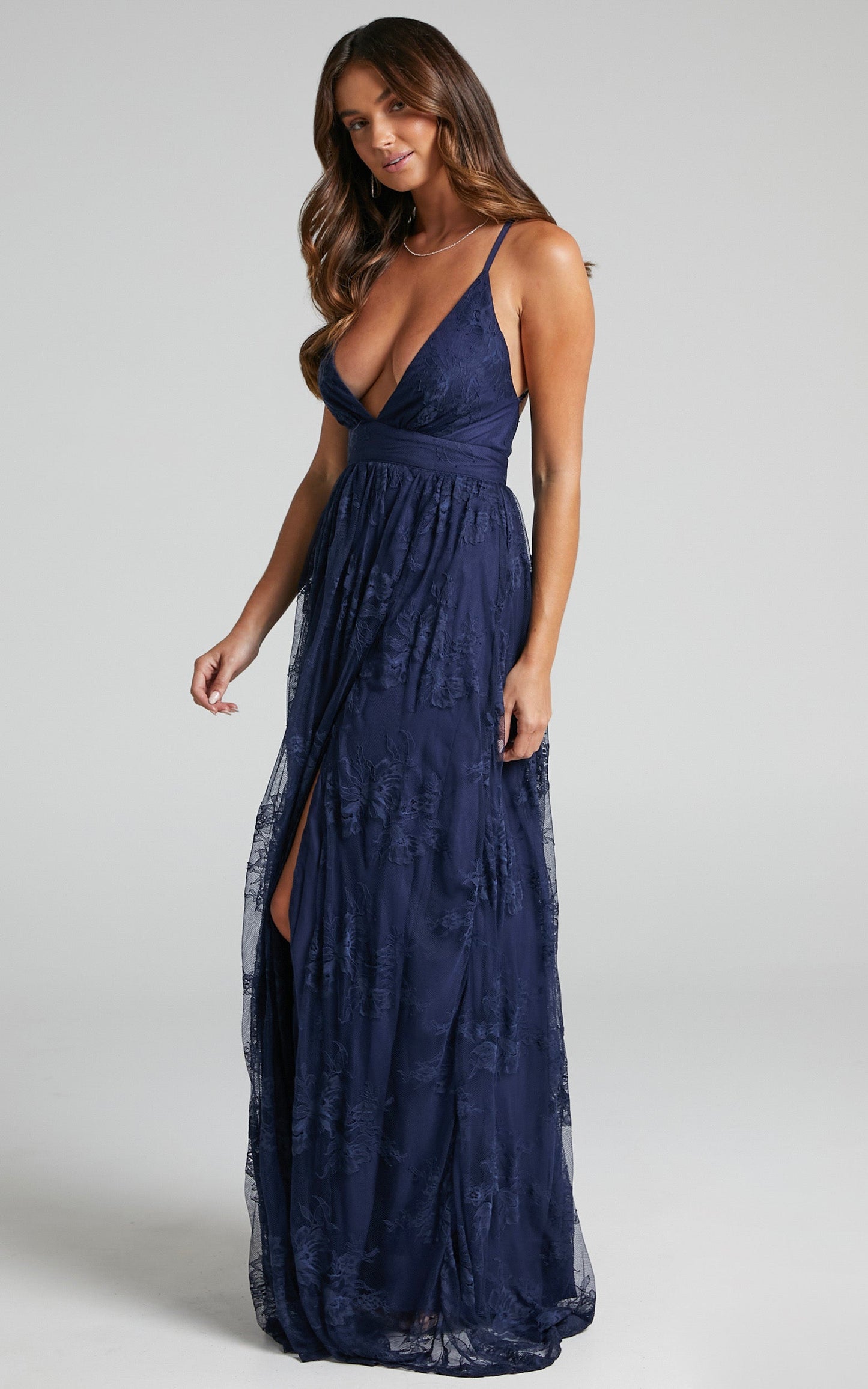 Meijel Plunge Neck Cross Back Maxi Dress in Navy Lace