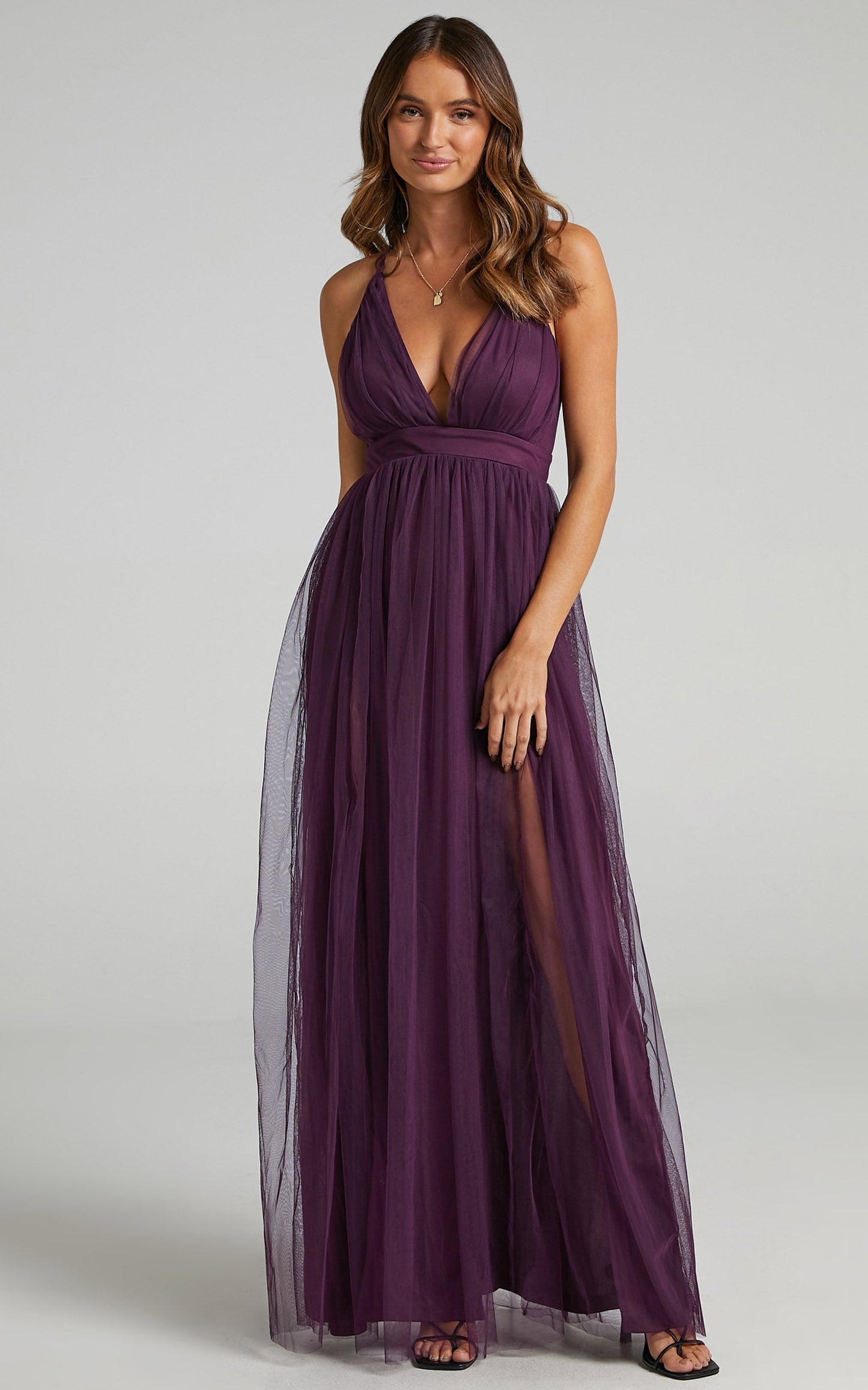 Like A Vision Midi Dress - Plunge Thigh Split Dress in Aubergine Tulle