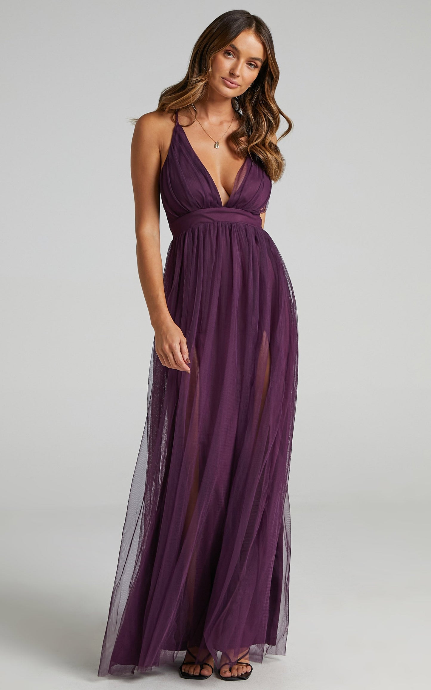Like A Vision Midi Dress - Plunge Thigh Split Dress in Aubergine Tulle