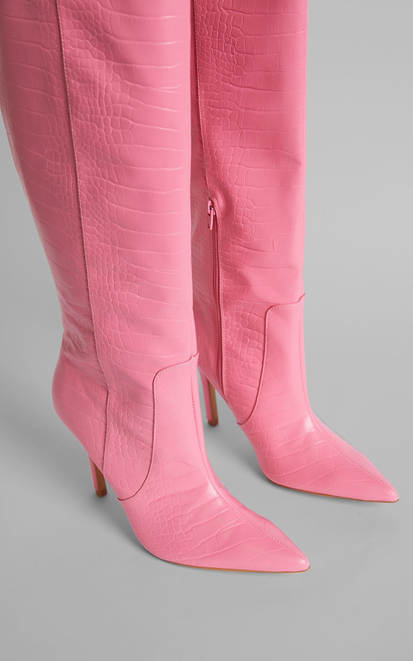 Public Desire - Best Believe Stiletto Knee High Boots in Pink Croc