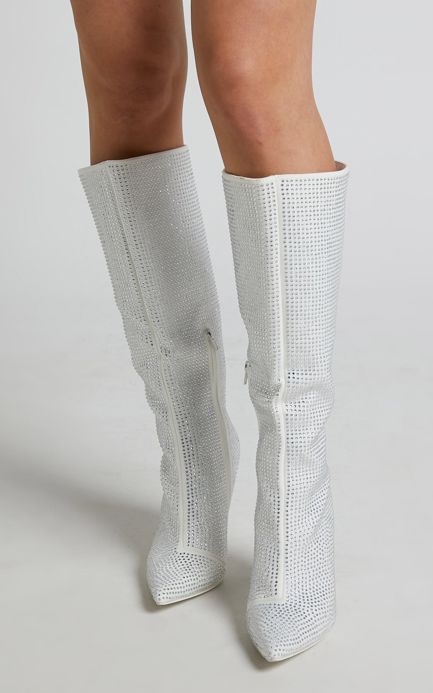 Public Desire - Lexi Diamante Stiletto Knee High Boots in Silver