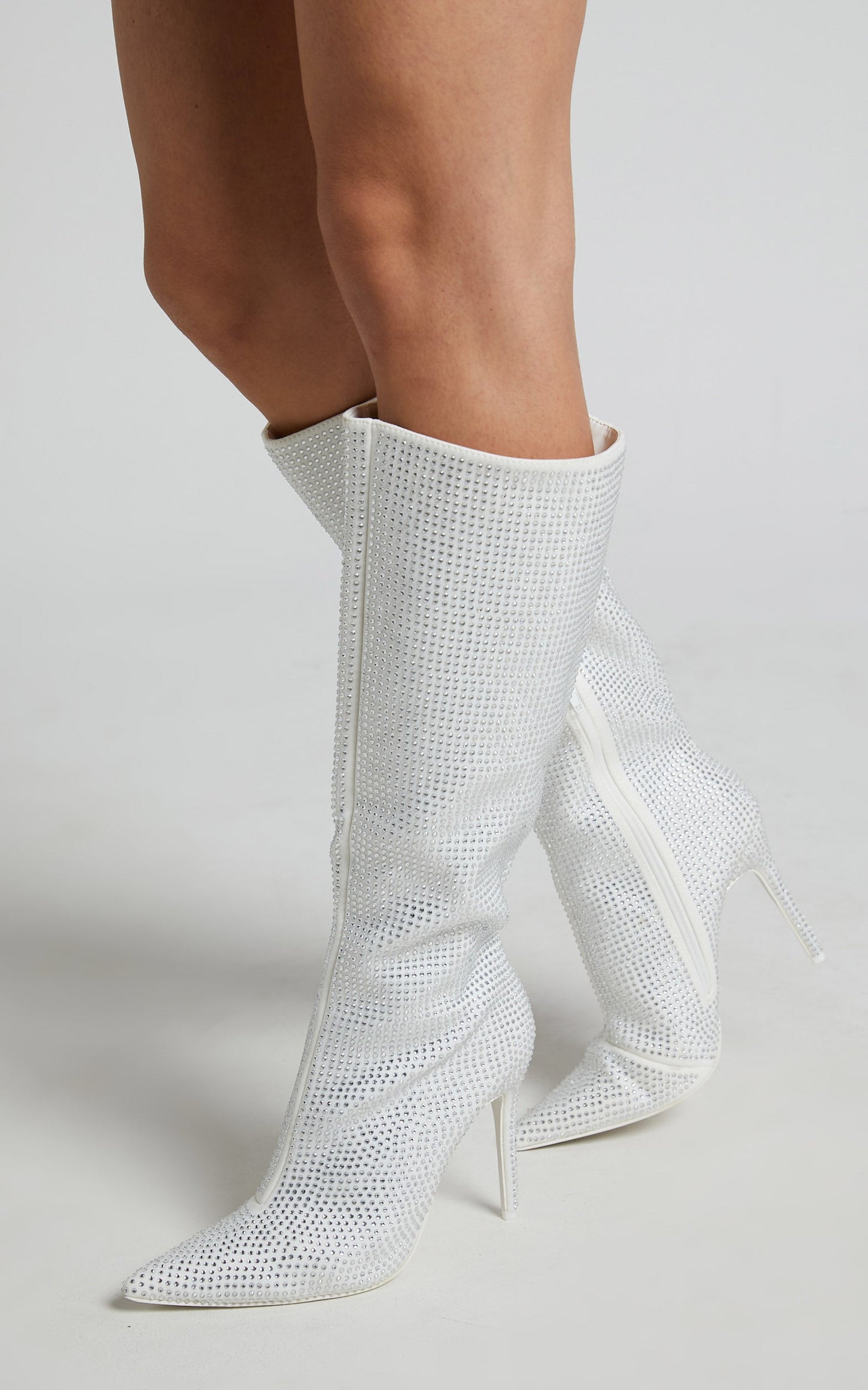 Public Desire - Lexi Diamante Stiletto Knee High Boots in Silver