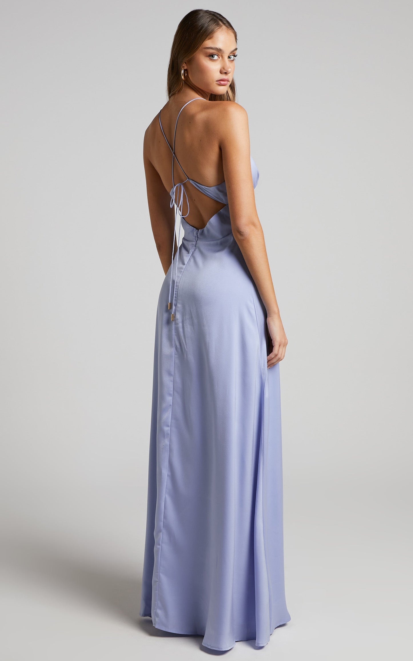 Queency Maxi Dress - Plunge Thigh Split Dress in Pale Blue