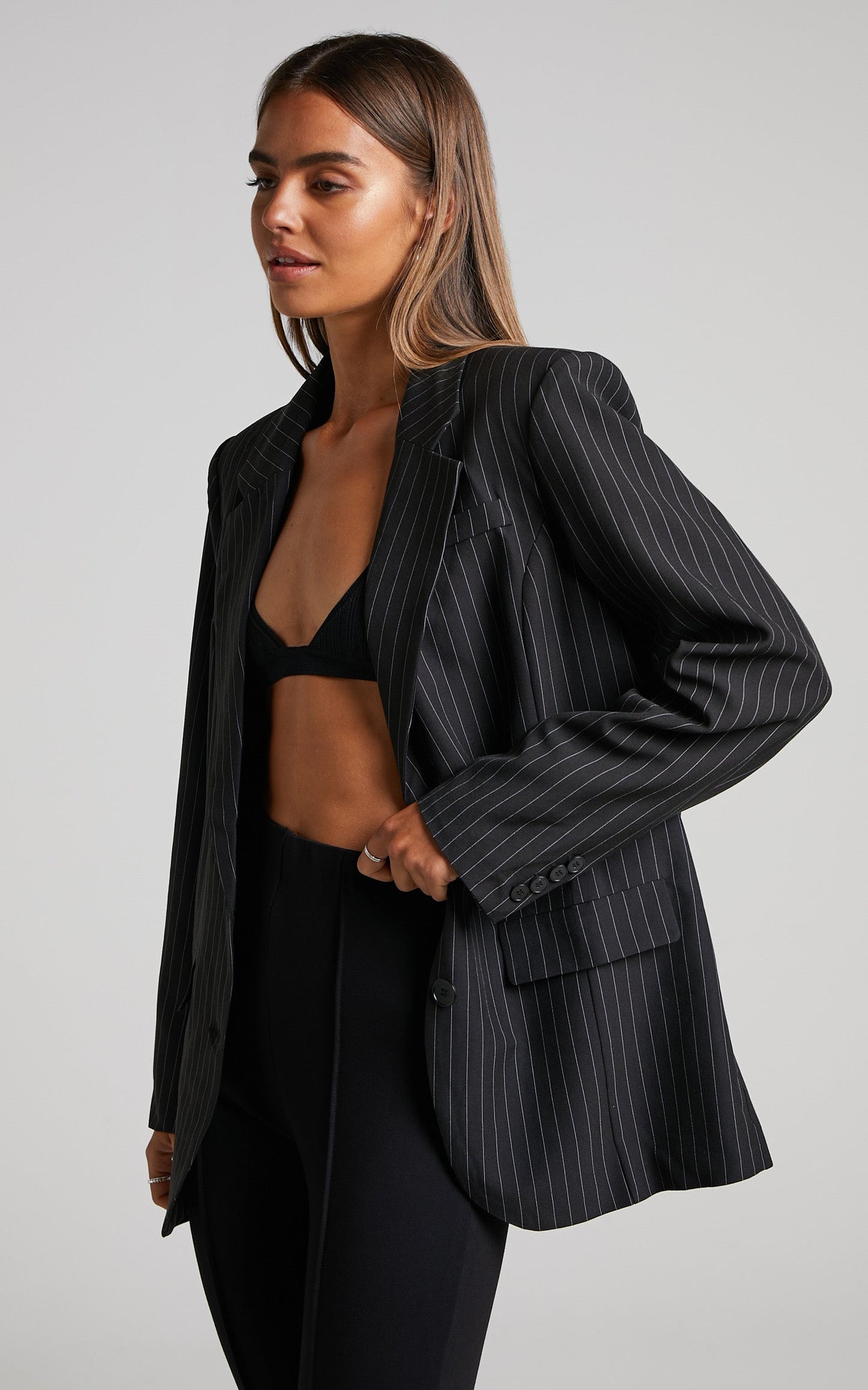 Queennie Blazer - Oversized Single Breasted Blazer in Black Pinstripe