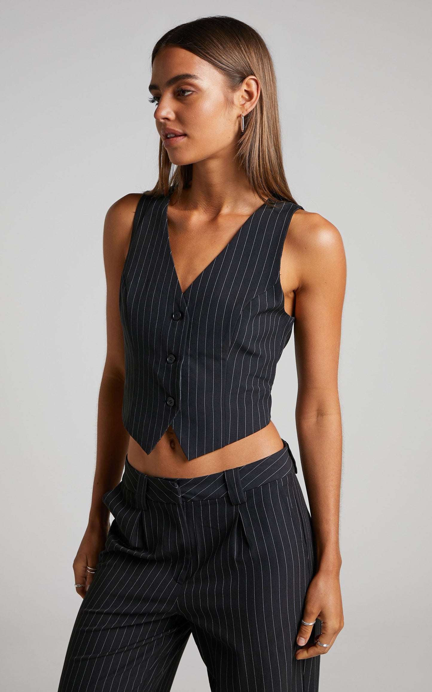 Queennie Waistcoat - Button Through Top in Black Pinstripe
