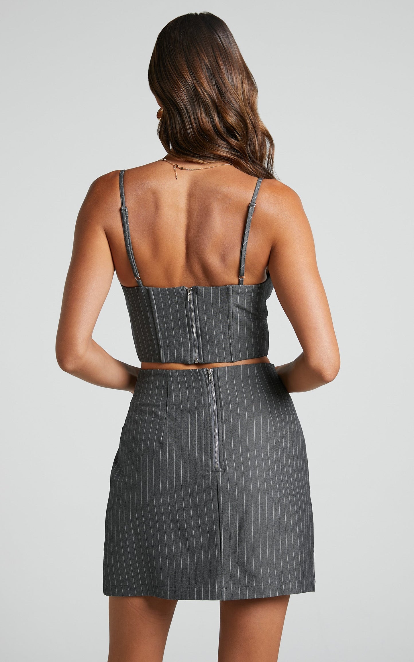 Queennie Mini Skirt - High Waist Panel Detail Skirt in Charcoal Pinstripe