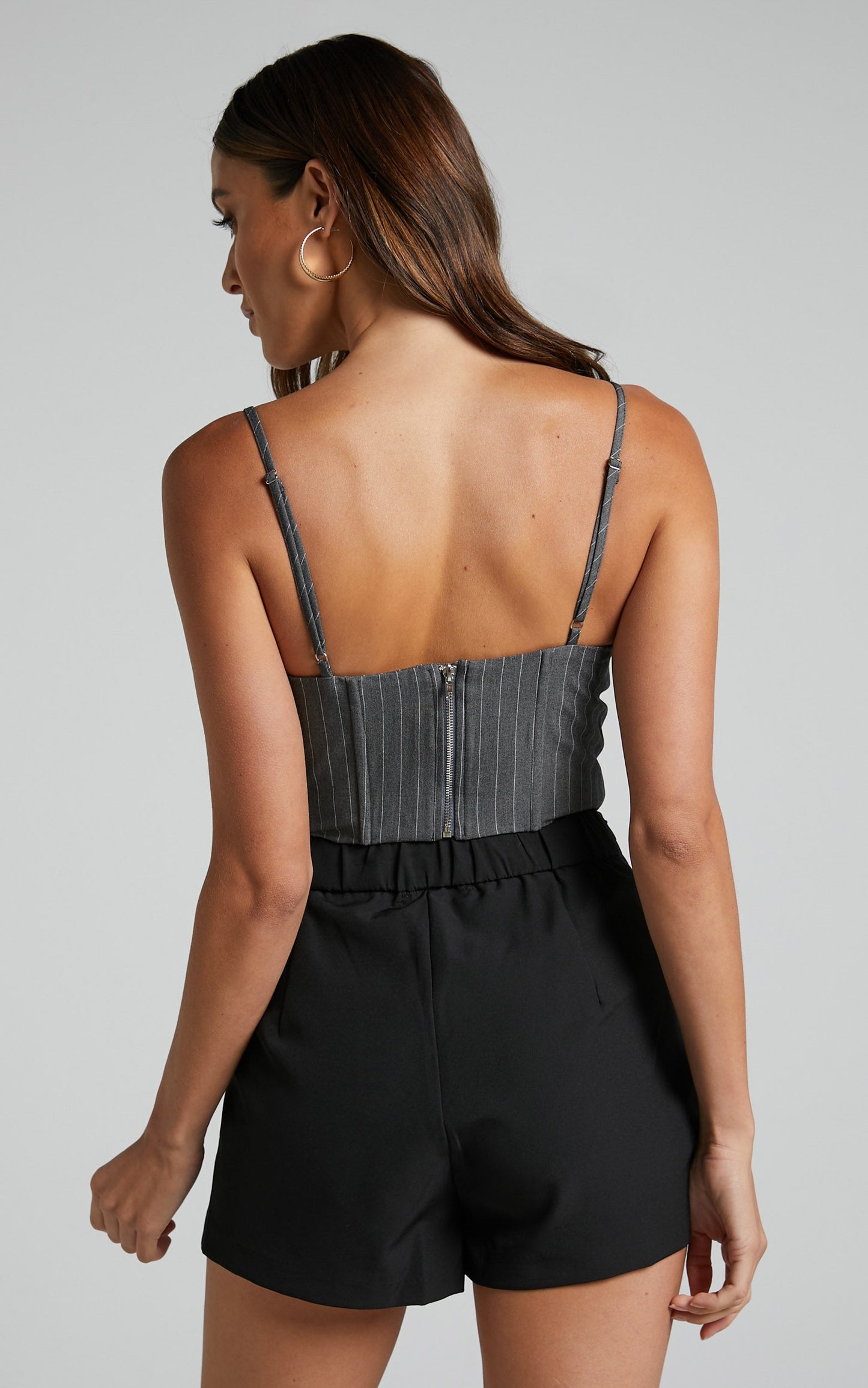 Queennie Top - Scoop Corset Top in Charcoal Pinstripe