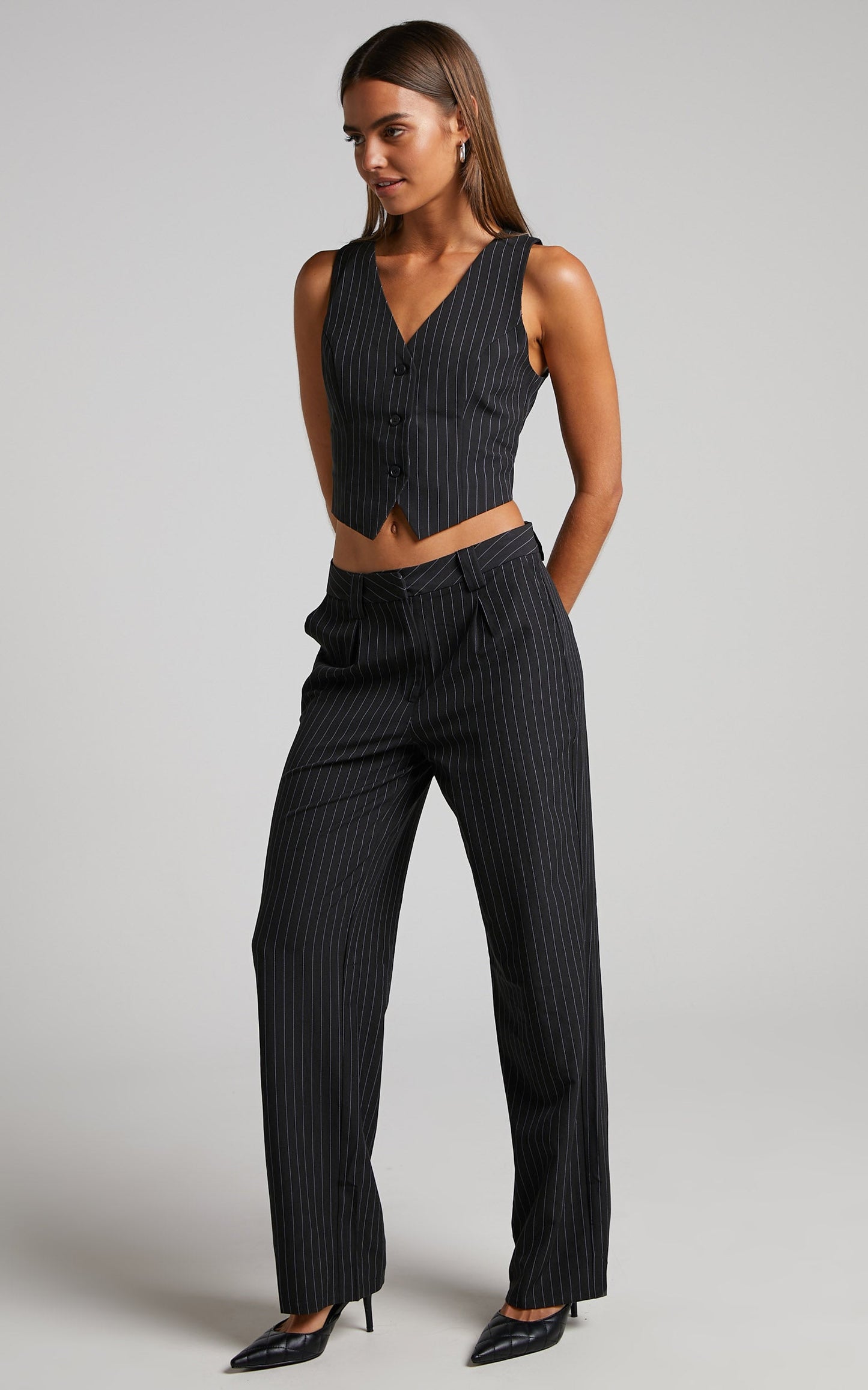 Queennie Trousers - Mid Rise Relaxed Straight Leg Tailored Trousers in Black Pinstripe
