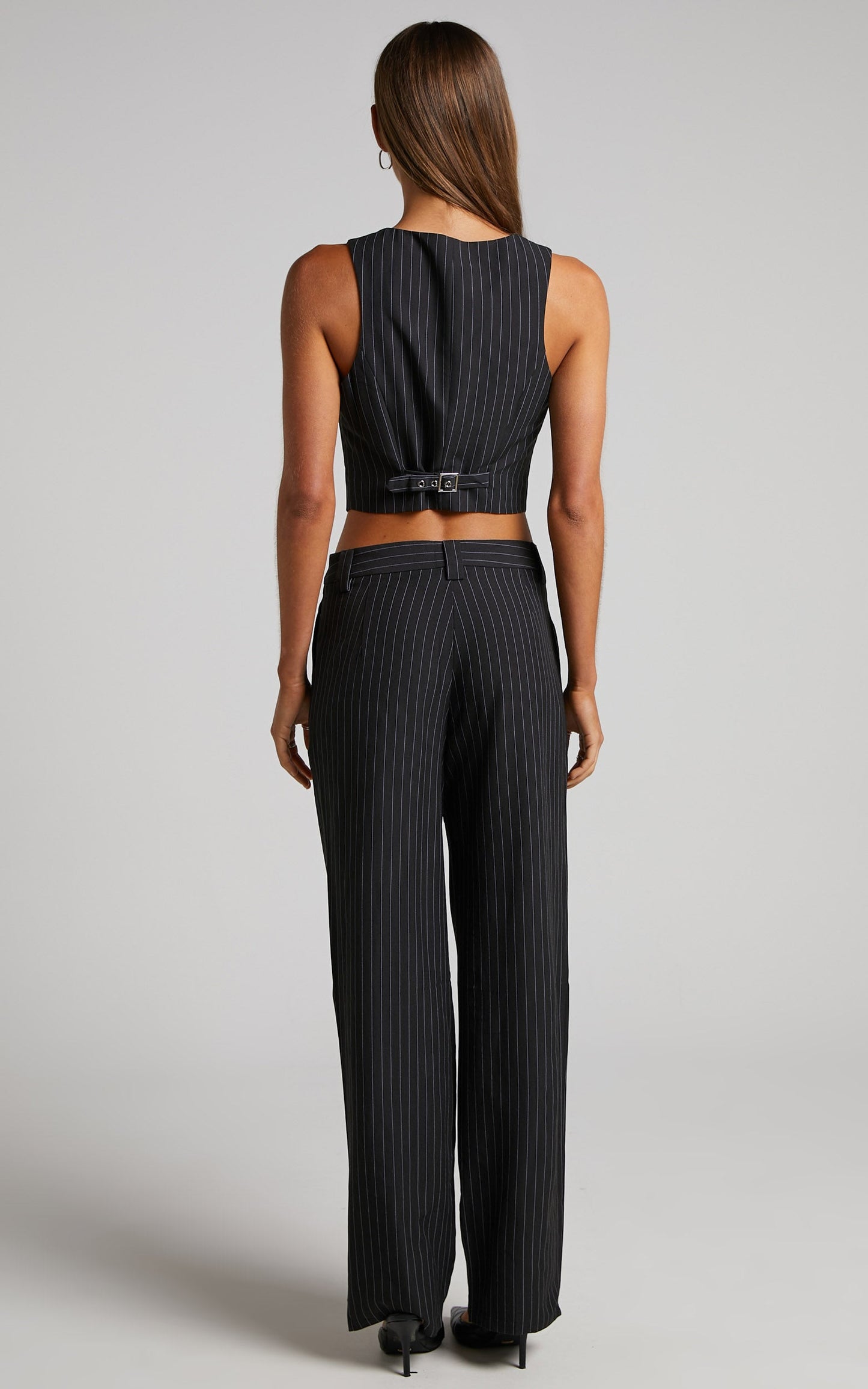 Queennie Trousers - Mid Rise Relaxed Straight Leg Tailored Trousers in Black Pinstripe