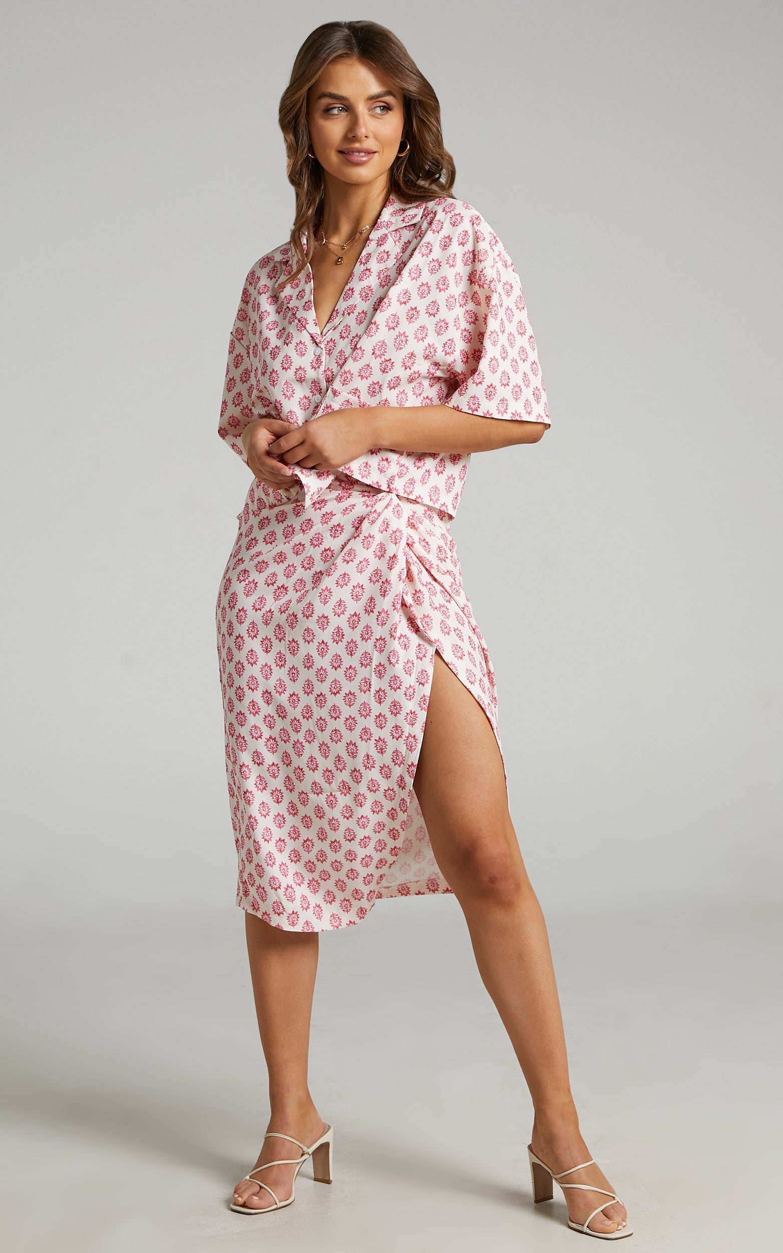 Quintine Two Piece Set - Two Piece Set with Midi Skirt in Red Print