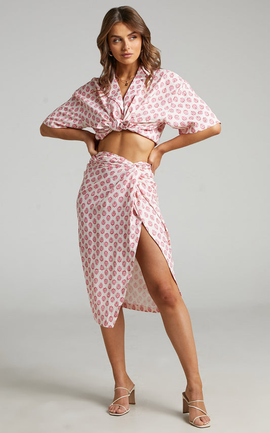 Quintine Two Piece Set - Two Piece Set with Midi Skirt in Red Print