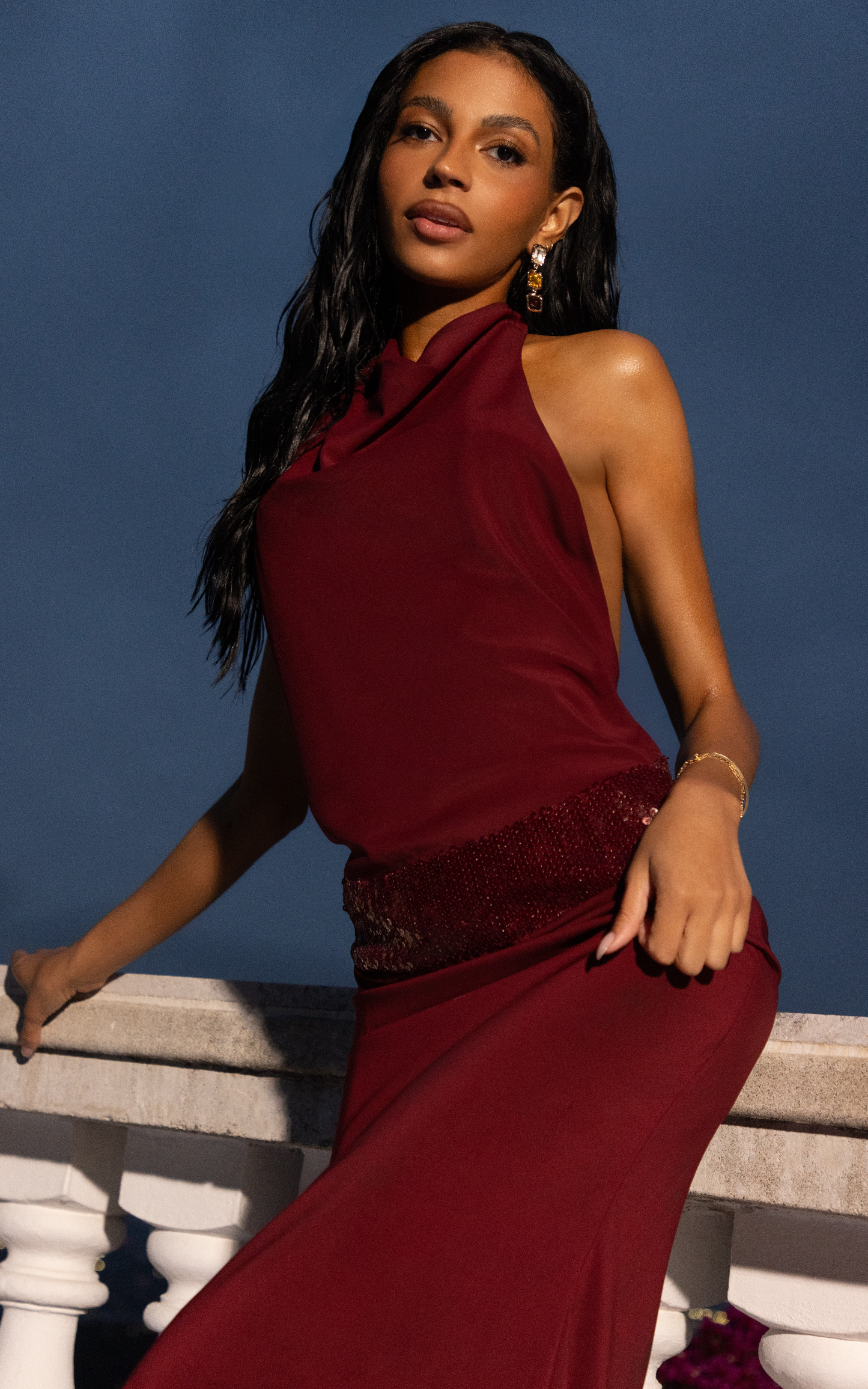 Evianne Maxi Dress - Backless Sequin Drop Waist Halter Dress in Wine