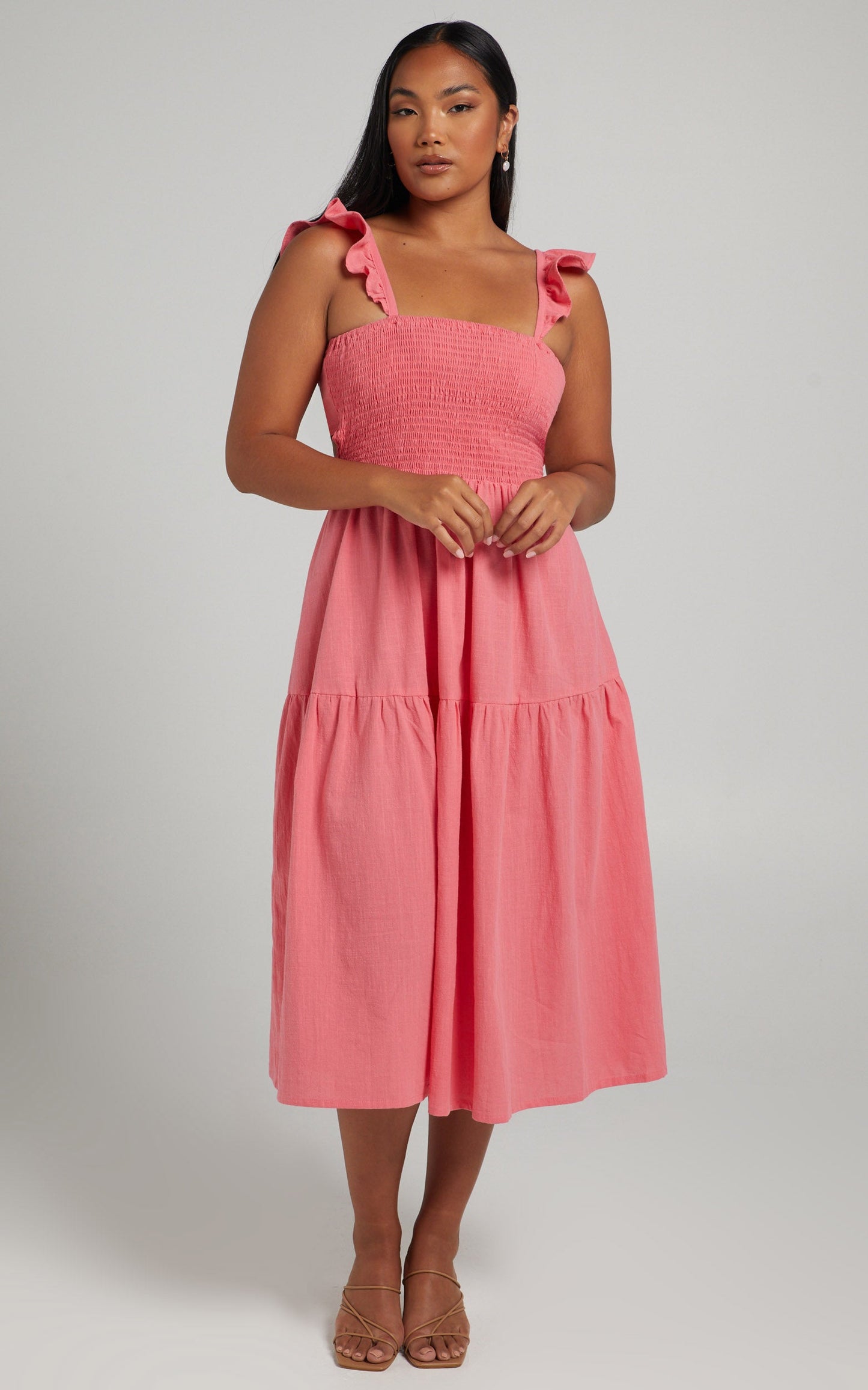 Angela Shirred Bodice Frill Strap Midi Dress in Coral