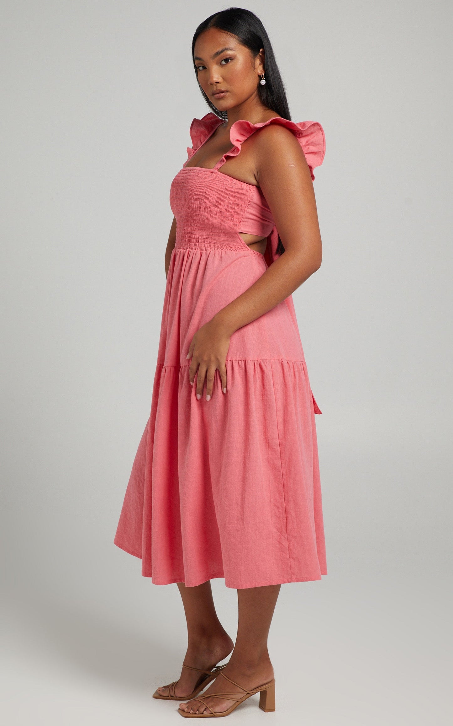 Angela Shirred Bodice Frill Strap Midi Dress in Coral
