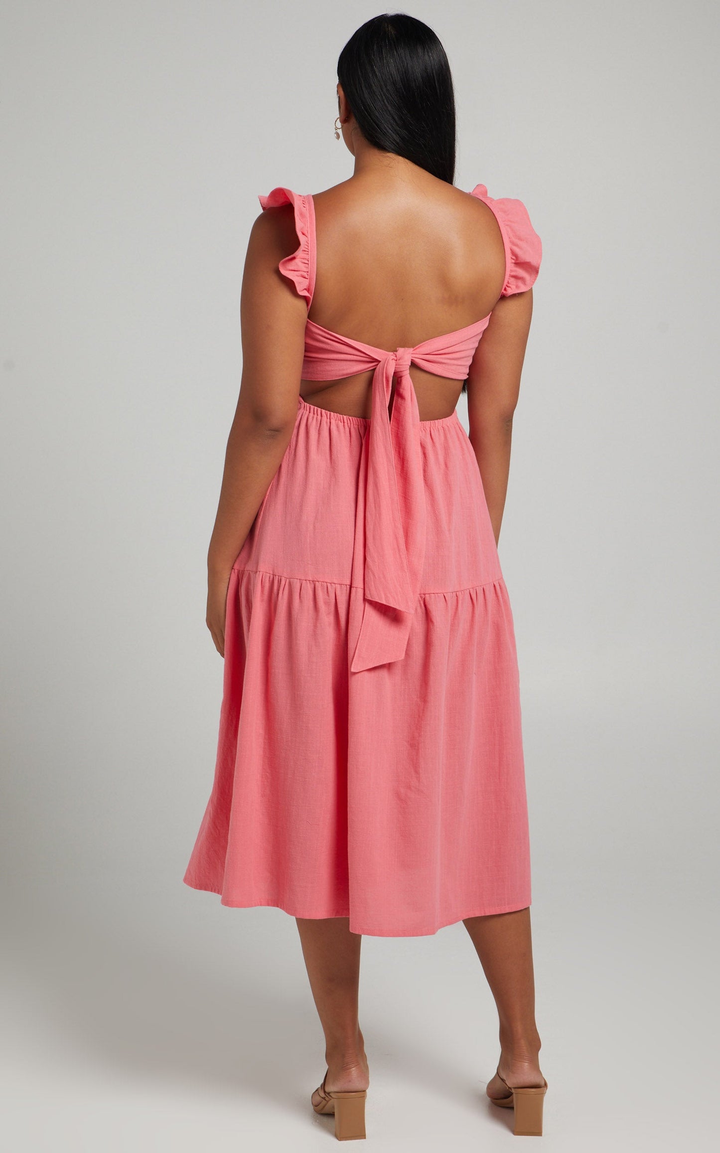 Angela Shirred Bodice Frill Strap Midi Dress in Coral