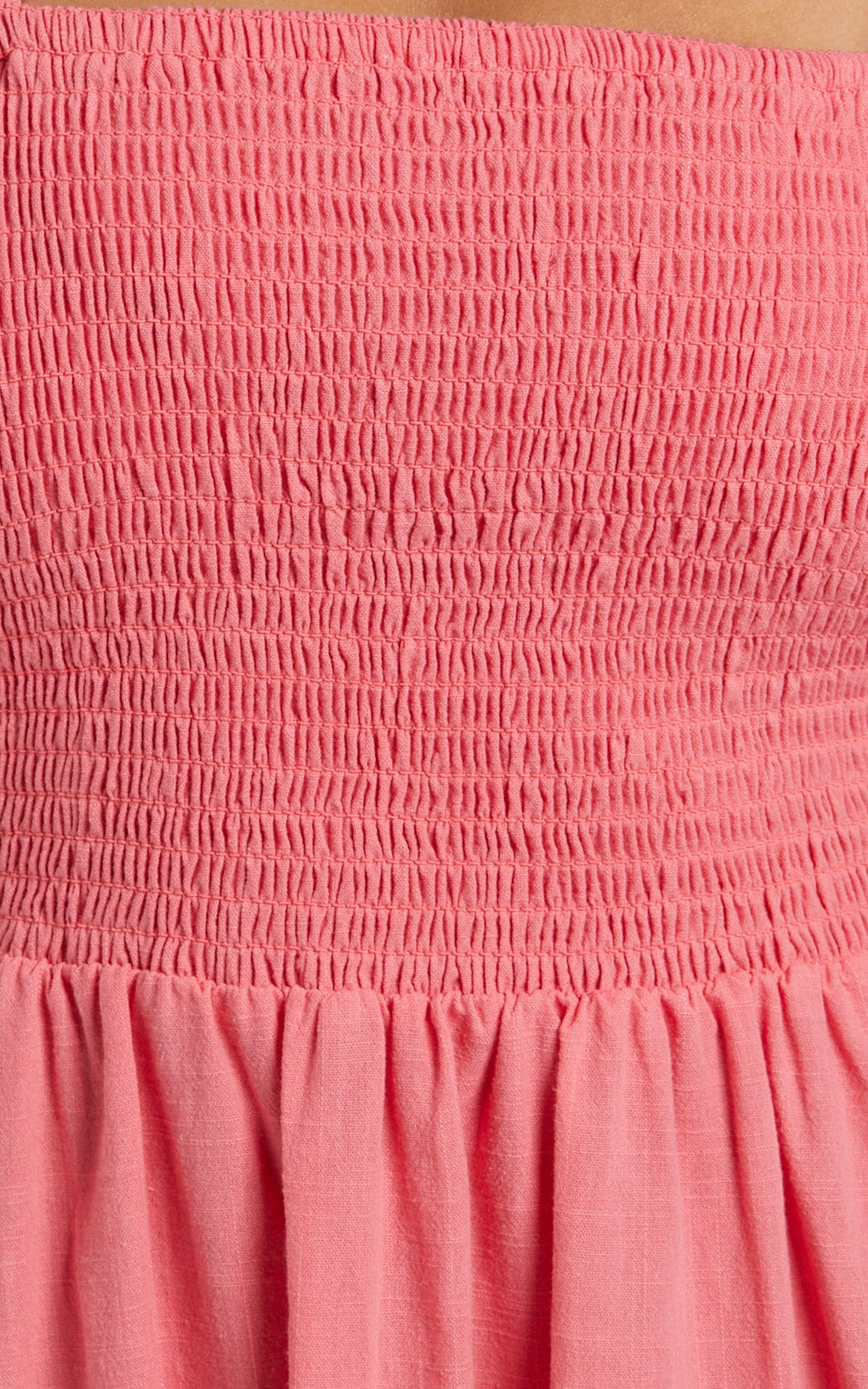 Angela Shirred Bodice Frill Strap Midi Dress in Coral