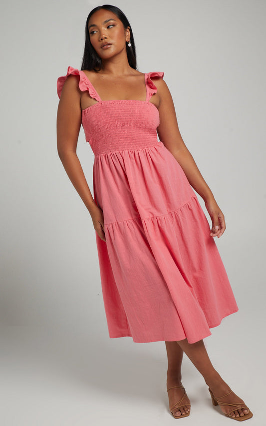 Angela Shirred Bodice Frill Strap Midi Dress in Coral