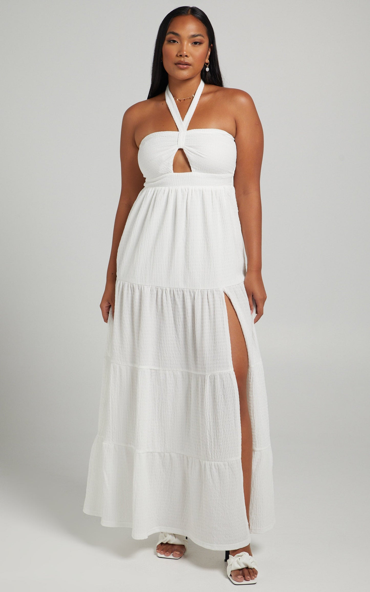 French Riviera Halter Tiered Maxi Dress in Cream
