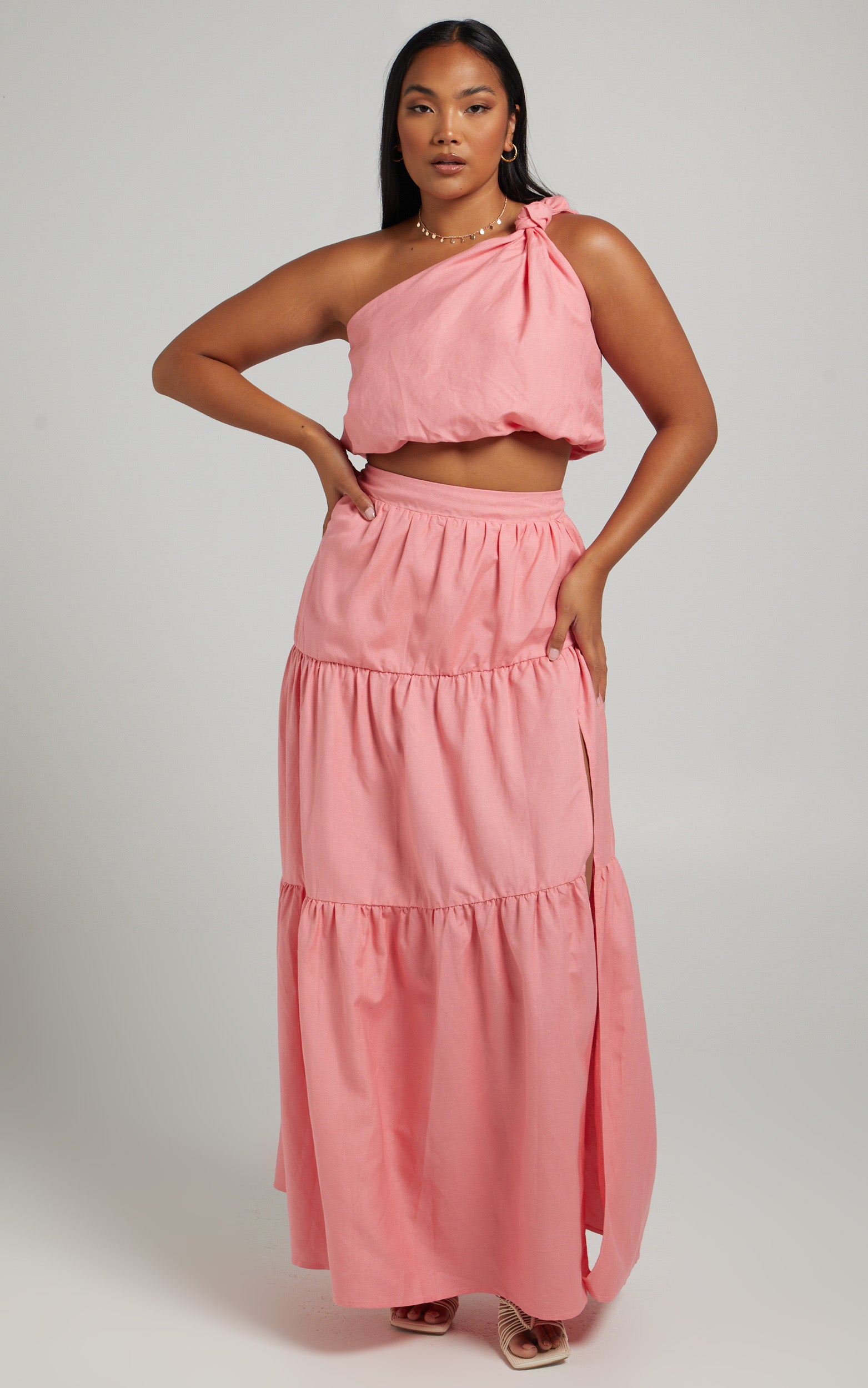 Aerilyn Two Piece Set - Linen One Shoulder Crop Top and Midi Skirt Set in Pink