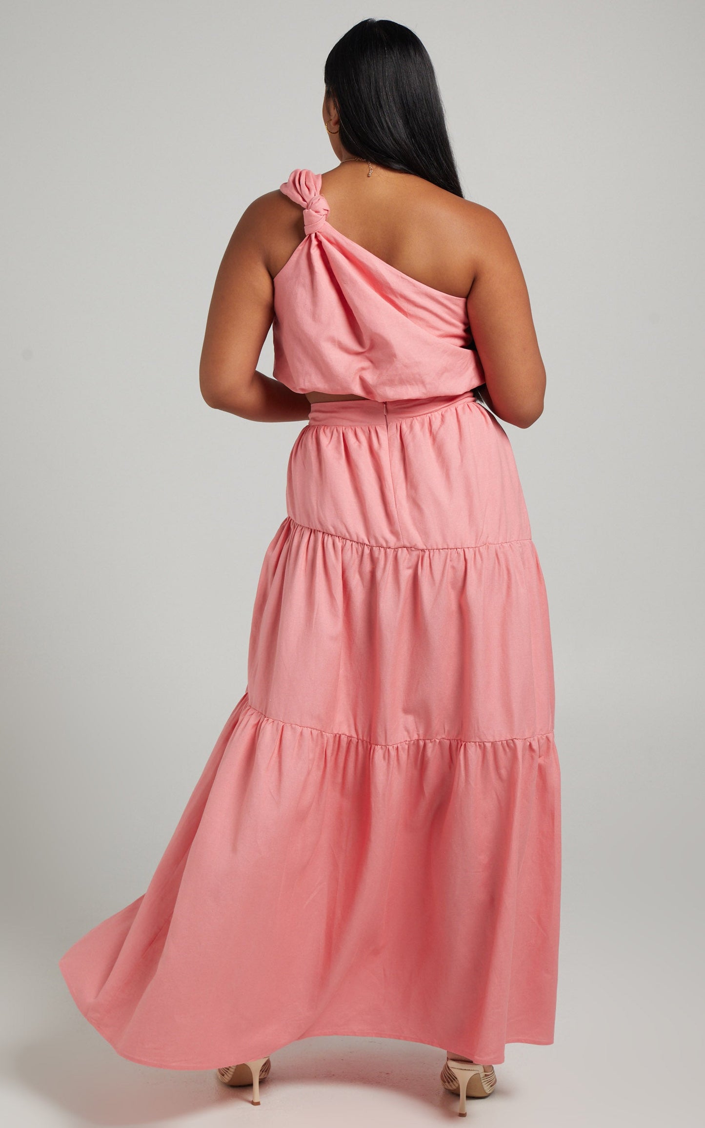 Aerilyn Two Piece Set - Linen One Shoulder Crop Top and Midi Skirt Set in Pink