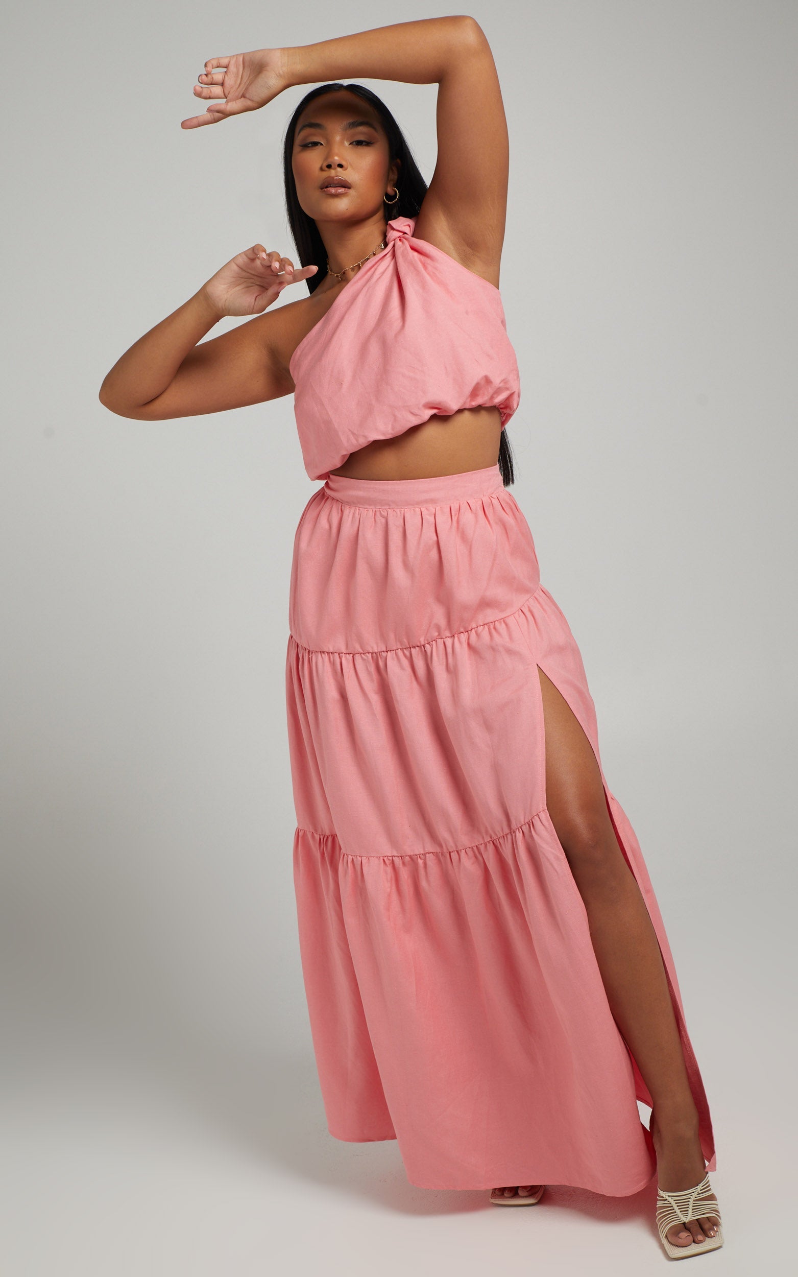 Aerilyn Two Piece Set - Linen One Shoulder Crop Top and Midi Skirt Set in Pink