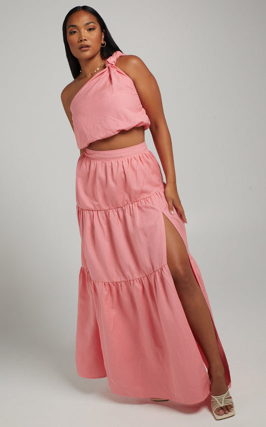 Aerilyn Two Piece Set - Linen One Shoulder Crop Top and Midi Skirt Set in Pink
