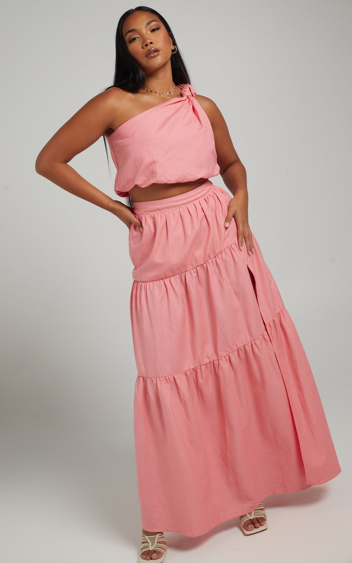 Aerilyn Two Piece Set - Linen One Shoulder Crop Top and Midi Skirt Set in Pink