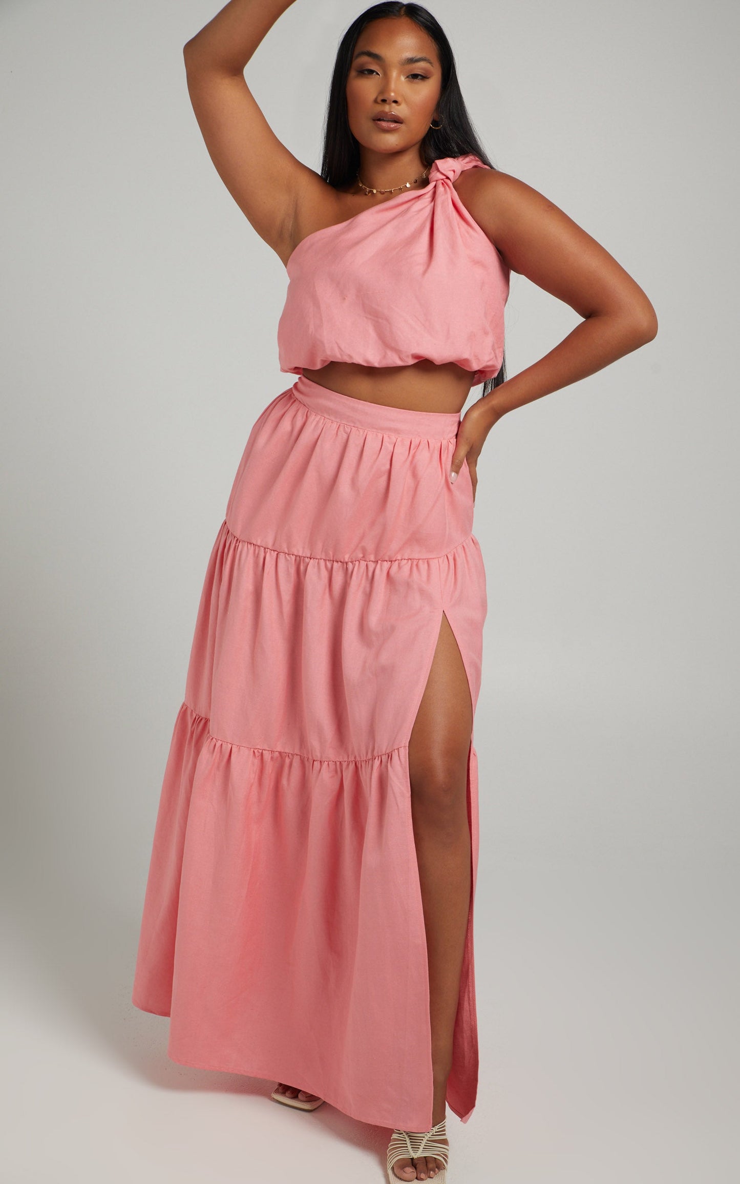 Aerilyn Two Piece Set - Linen One Shoulder Crop Top and Midi Skirt Set in Pink