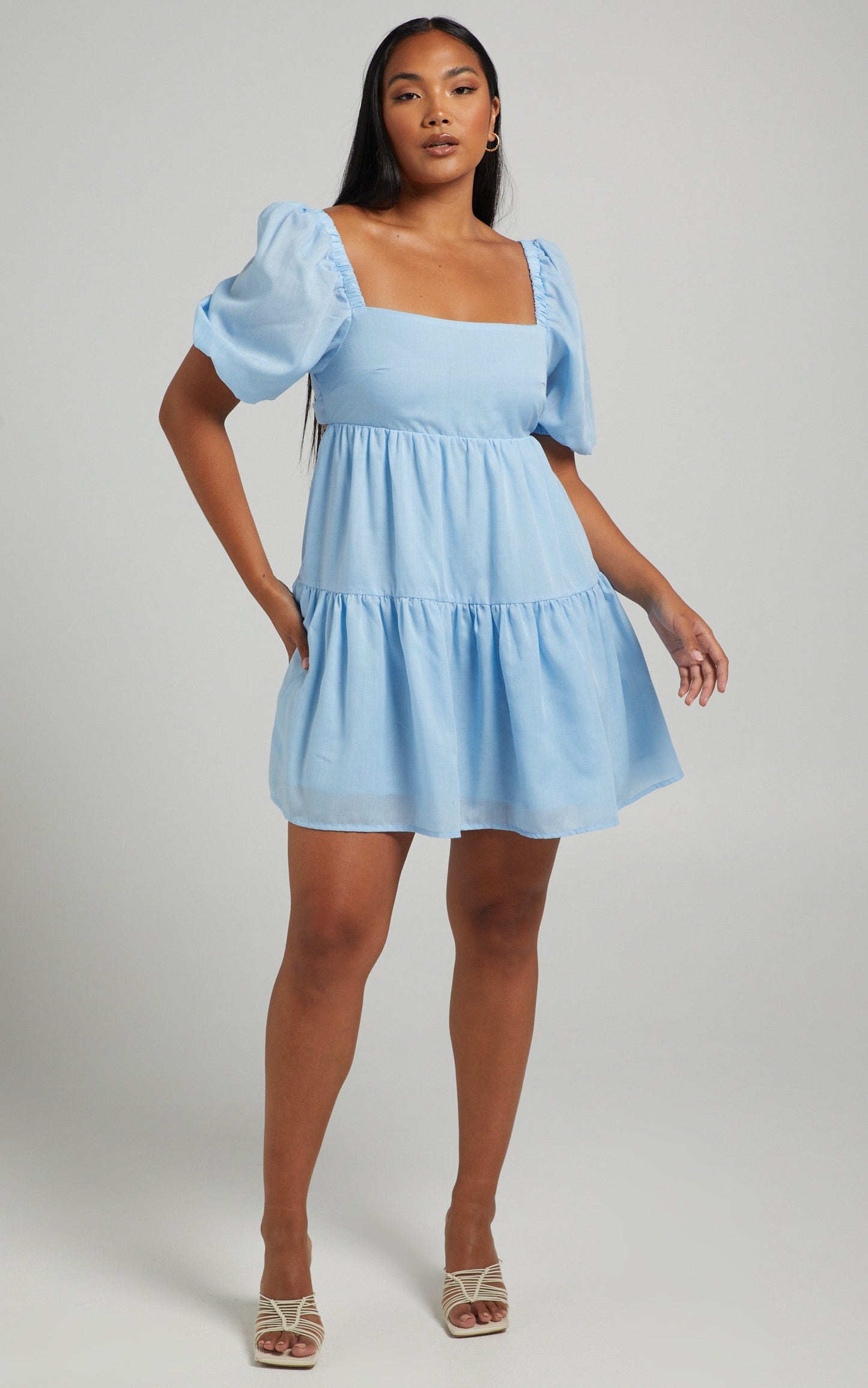 Hazel Mini Dress - Short Sleeve Tiered Tie Back Smock Dress in Baby Blue