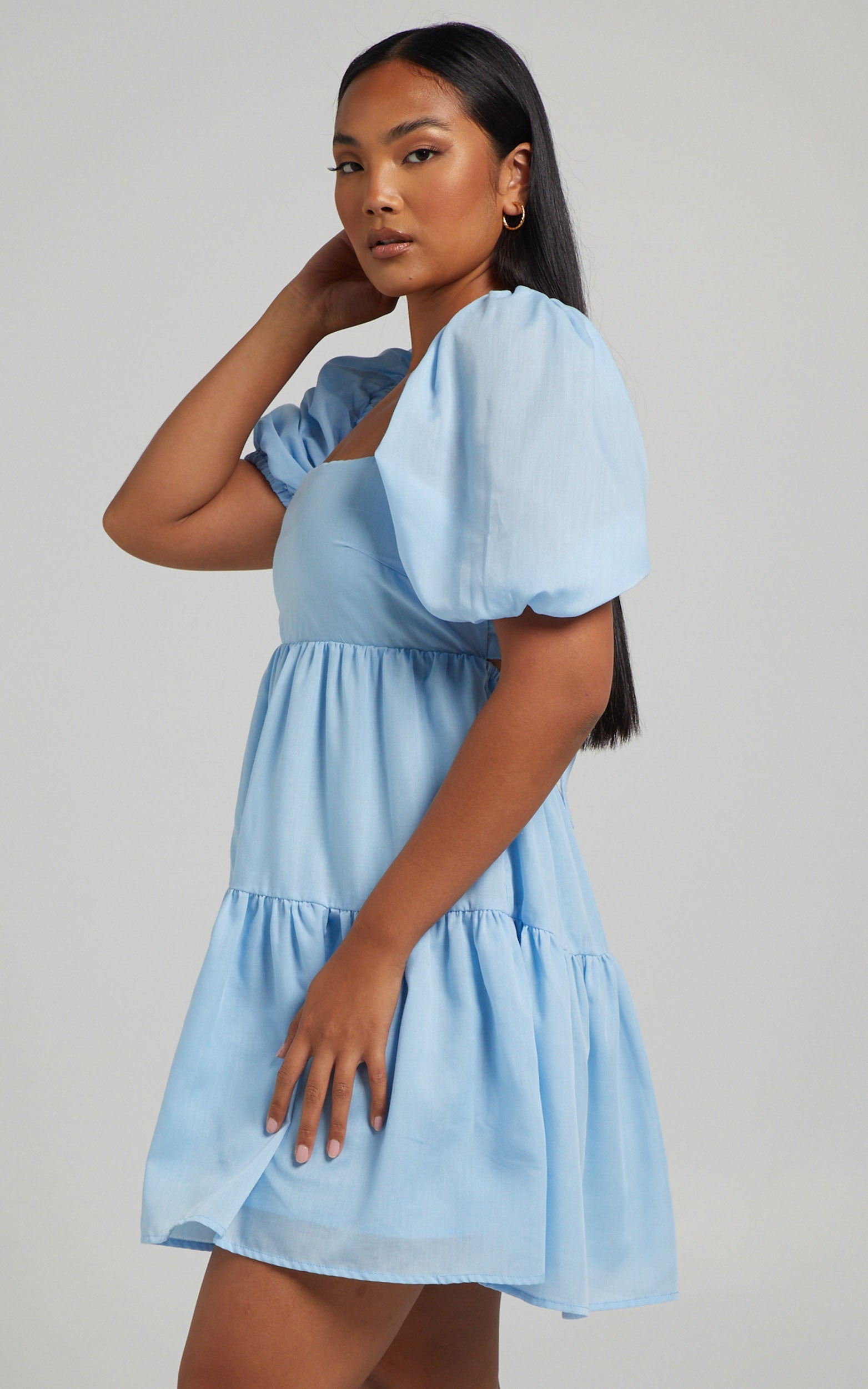 Hazel Mini Dress - Short Sleeve Tiered Tie Back Smock Dress in Baby Blue