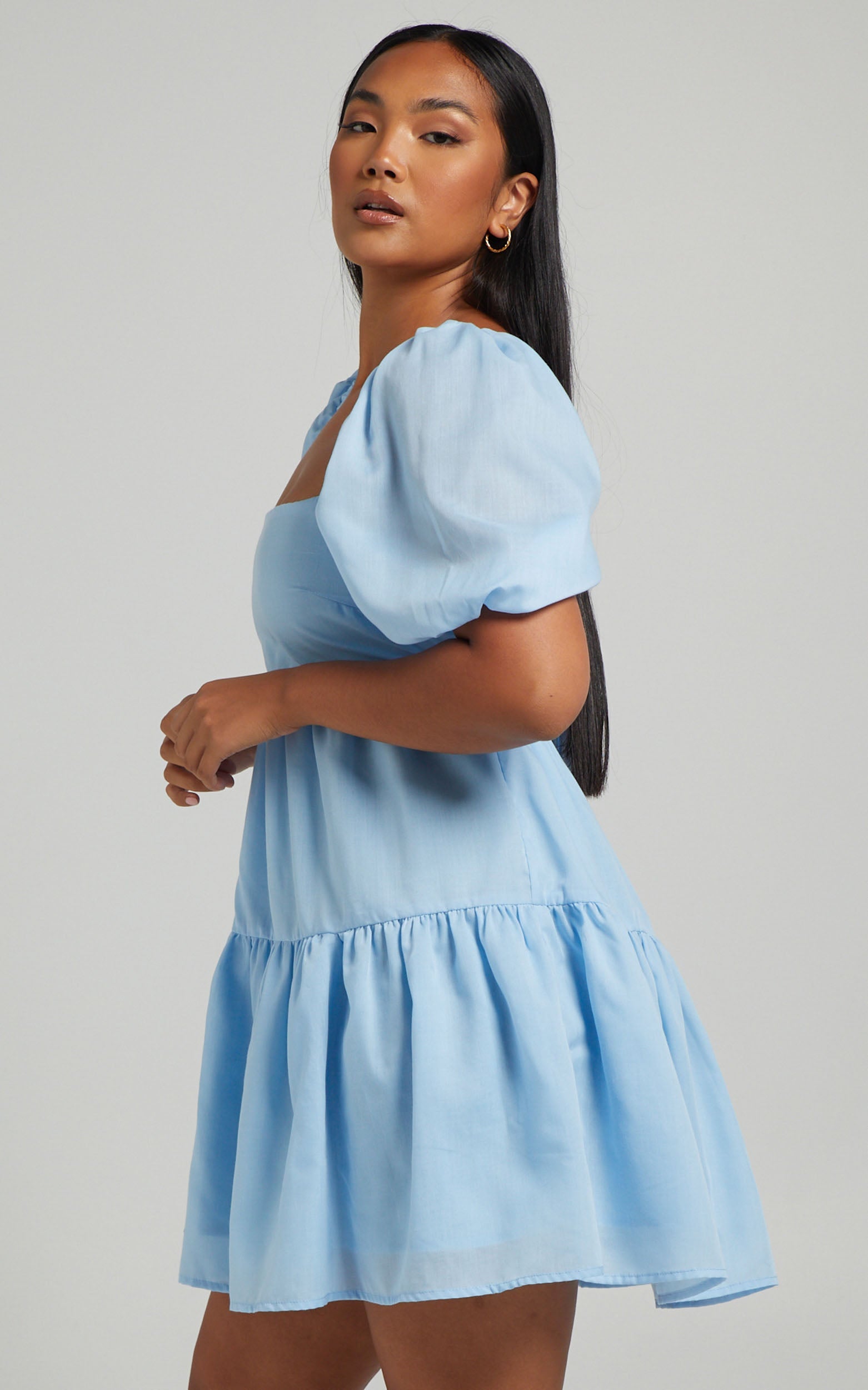 Hazel Mini Dress - Short Sleeve Tiered Tie Back Smock Dress in Baby Blue