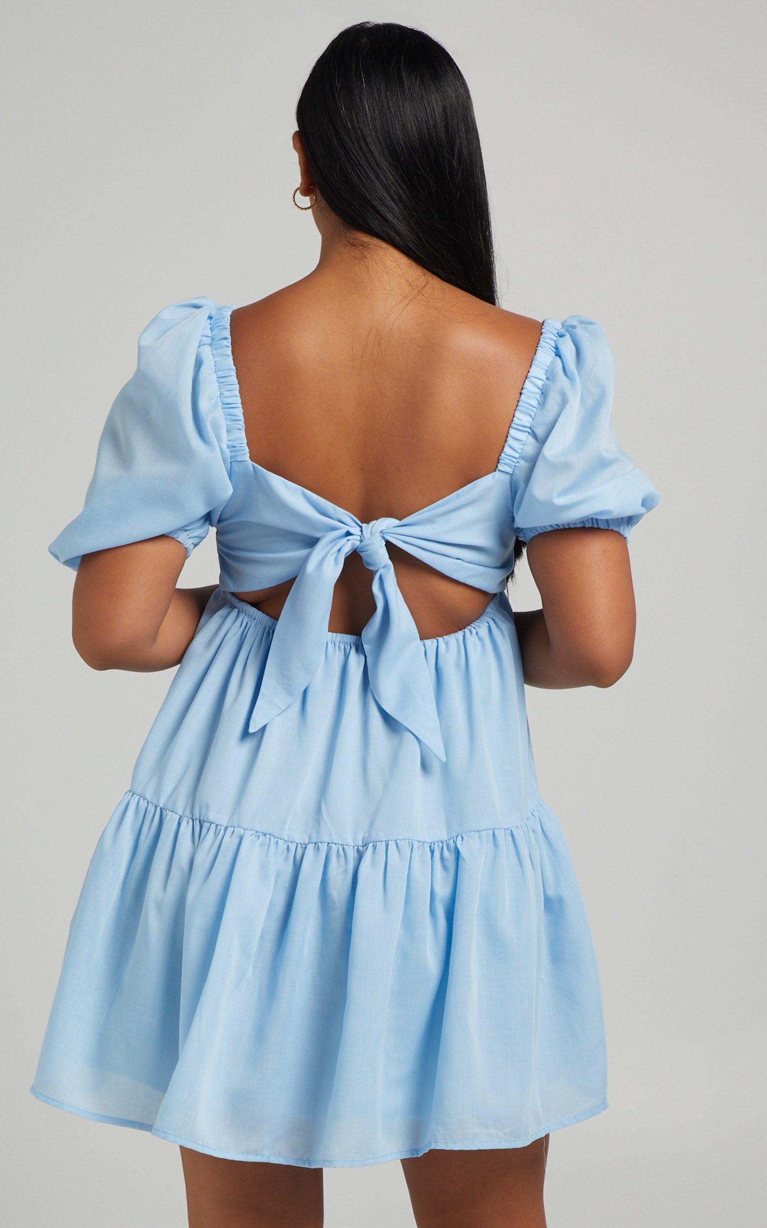Hazel Mini Dress - Short Sleeve Tiered Tie Back Smock Dress in Baby Blue