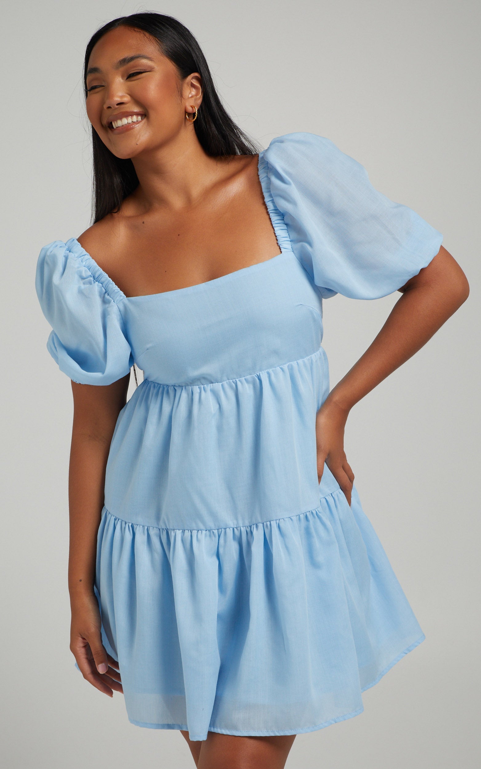 Hazel Mini Dress - Short Sleeve Tiered Tie Back Smock Dress in Baby Blue