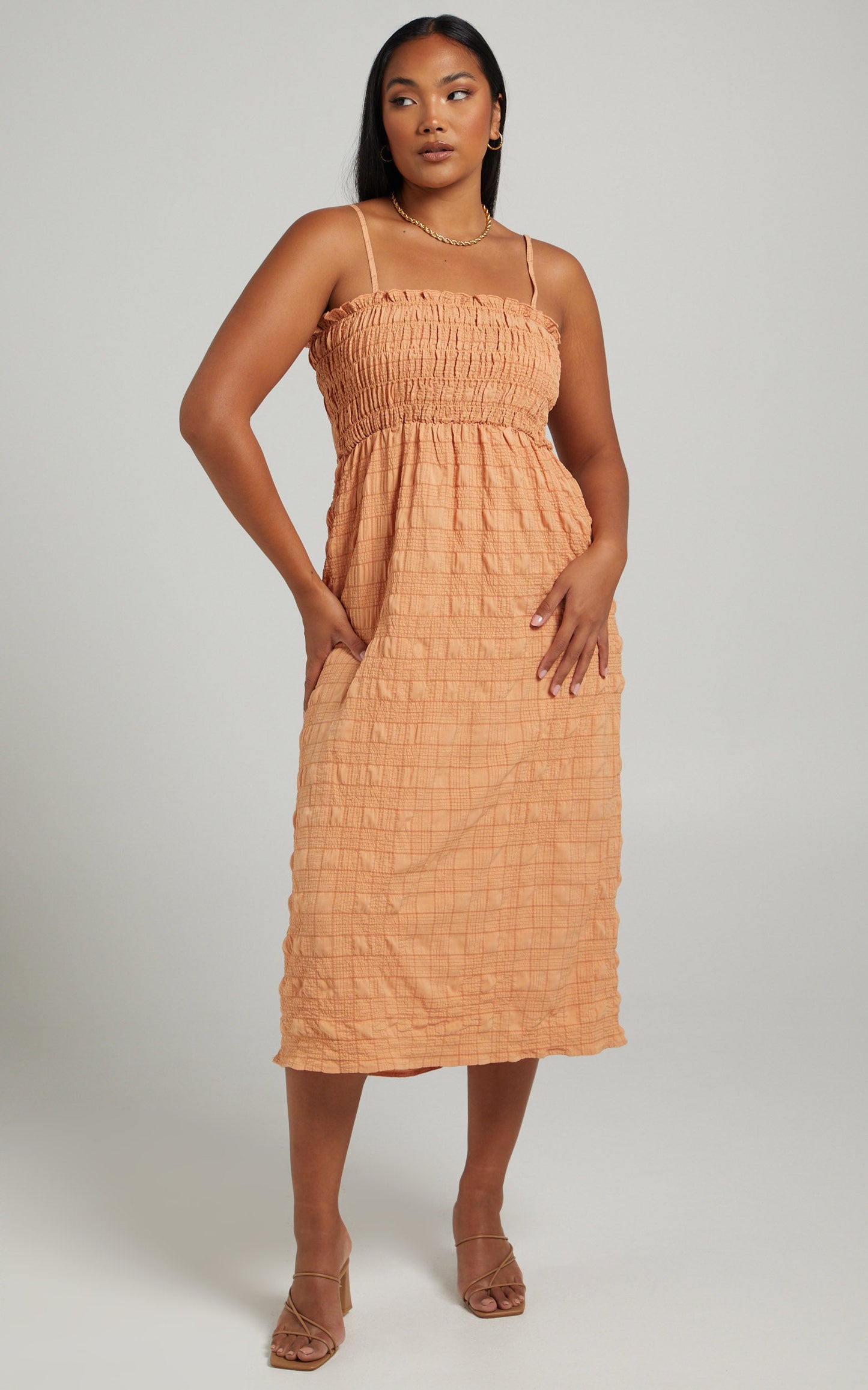 Jasmine Shirred Bodice Midi Dress in Sherbet