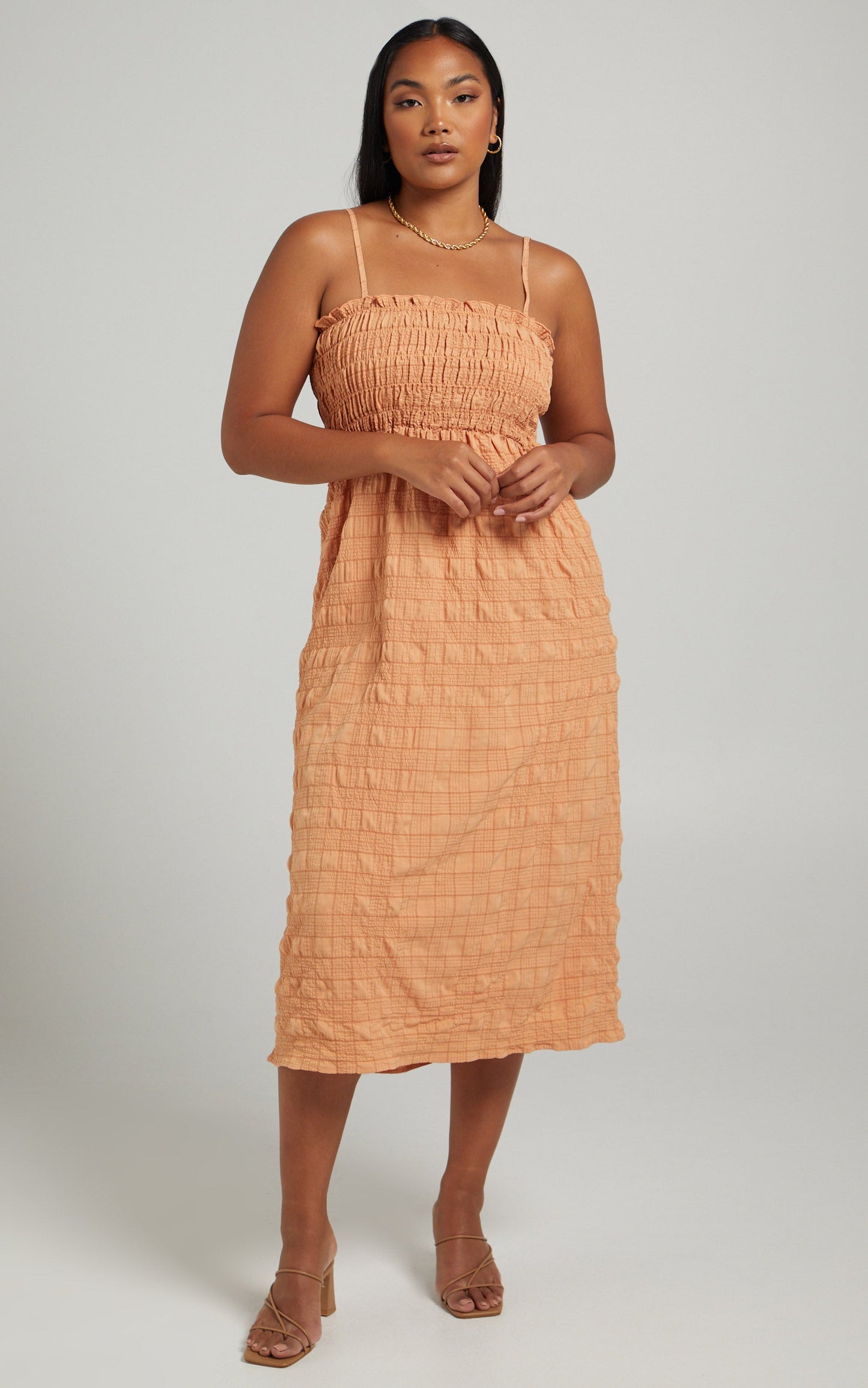 Jasmine Shirred Bodice Midi Dress in Sherbet