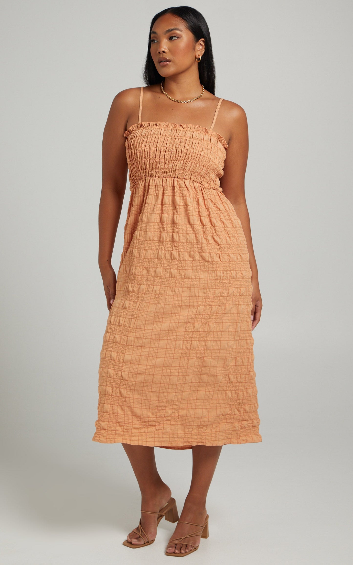 Jasmine Shirred Bodice Midi Dress in Sherbet