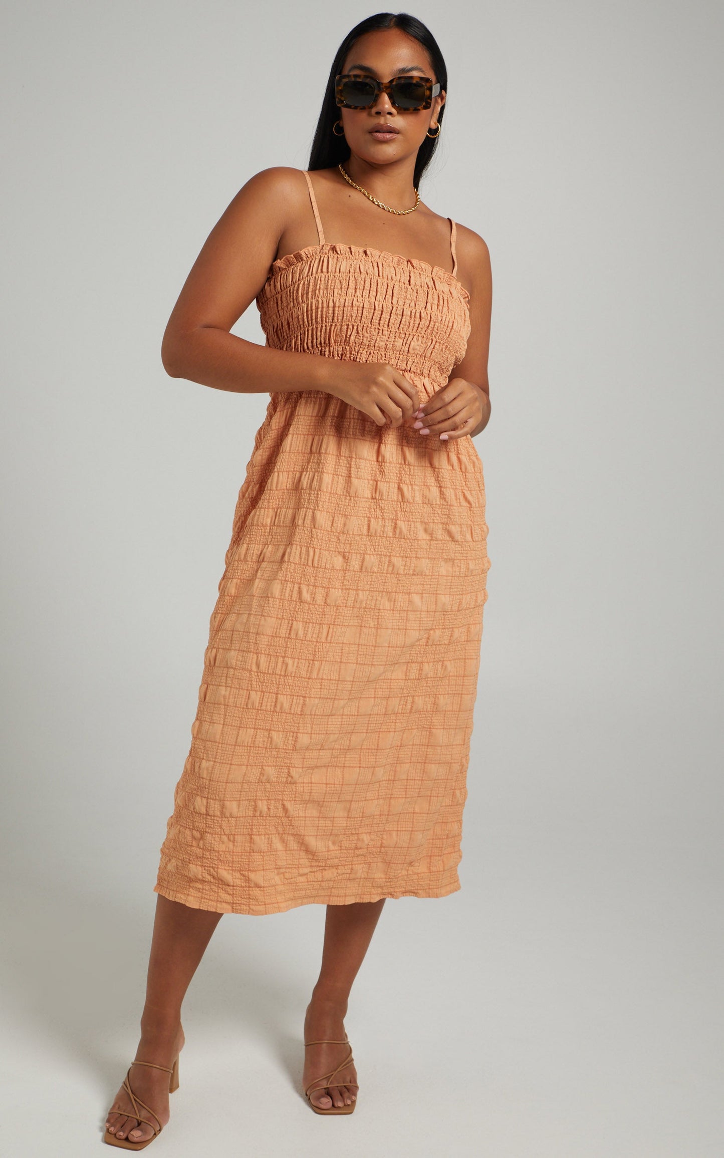 Jasmine Shirred Bodice Midi Dress in Sherbet