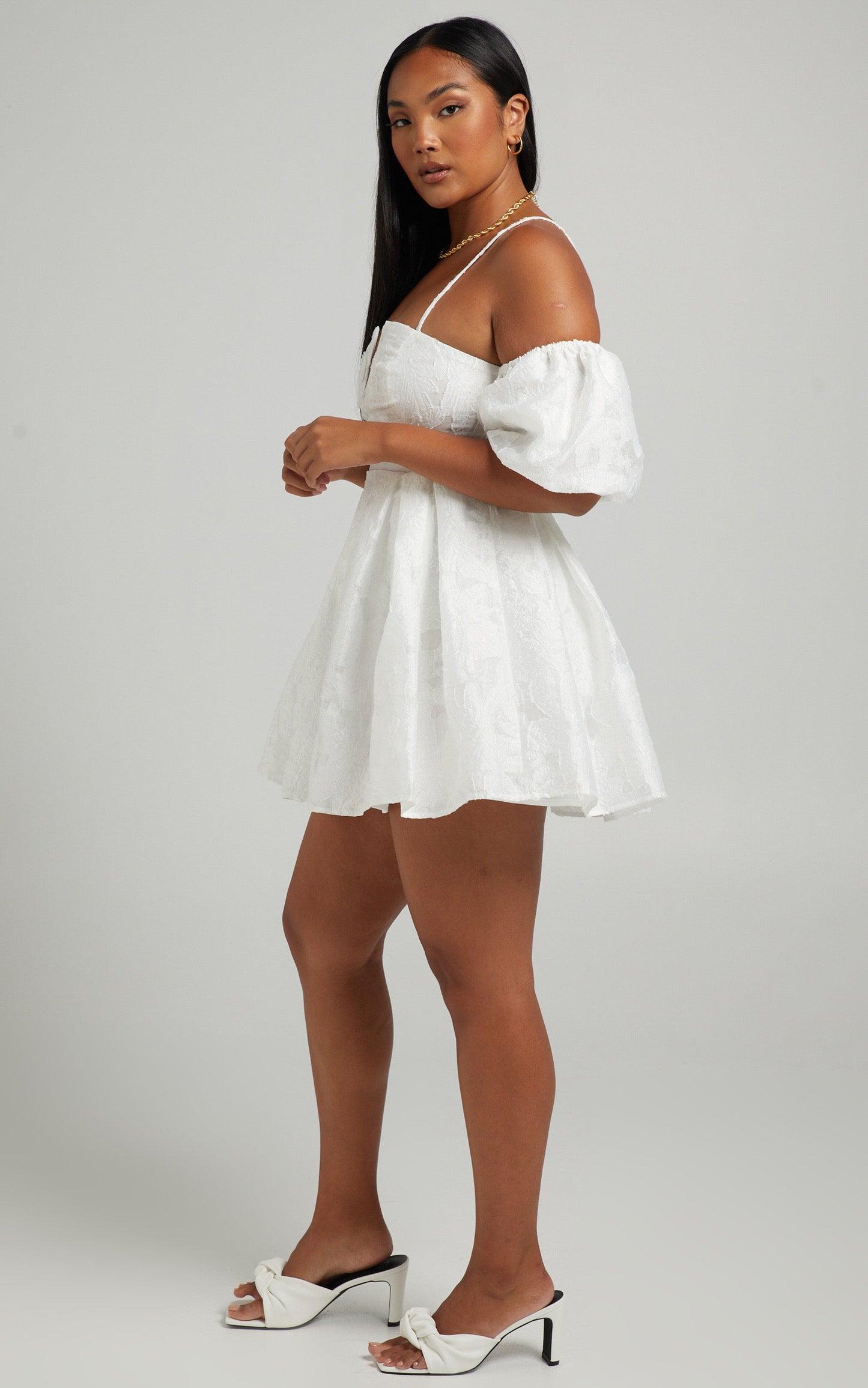 Mayca Off Shoulder Mini Dress in White Organza