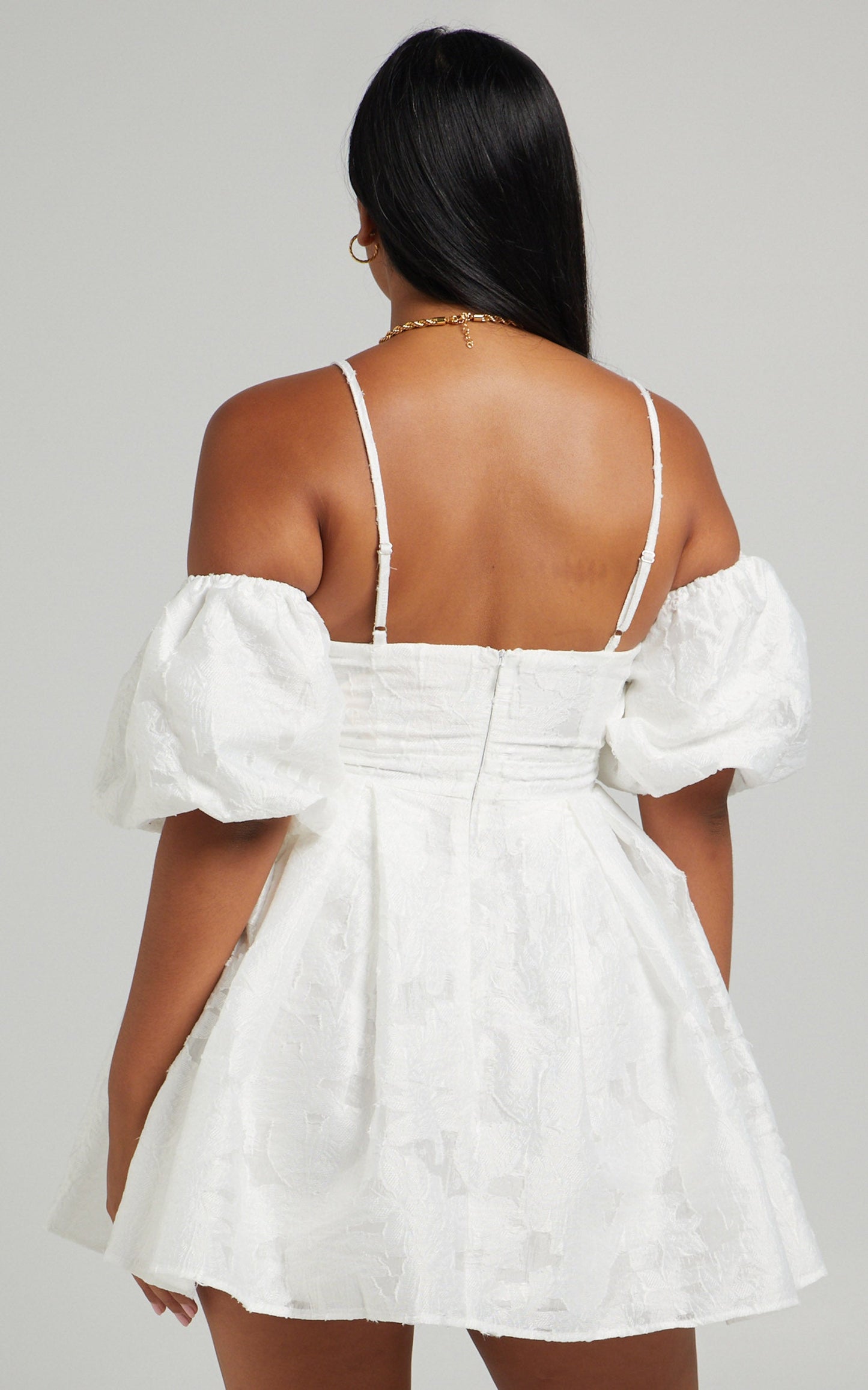 Mayca Off Shoulder Mini Dress in White Organza