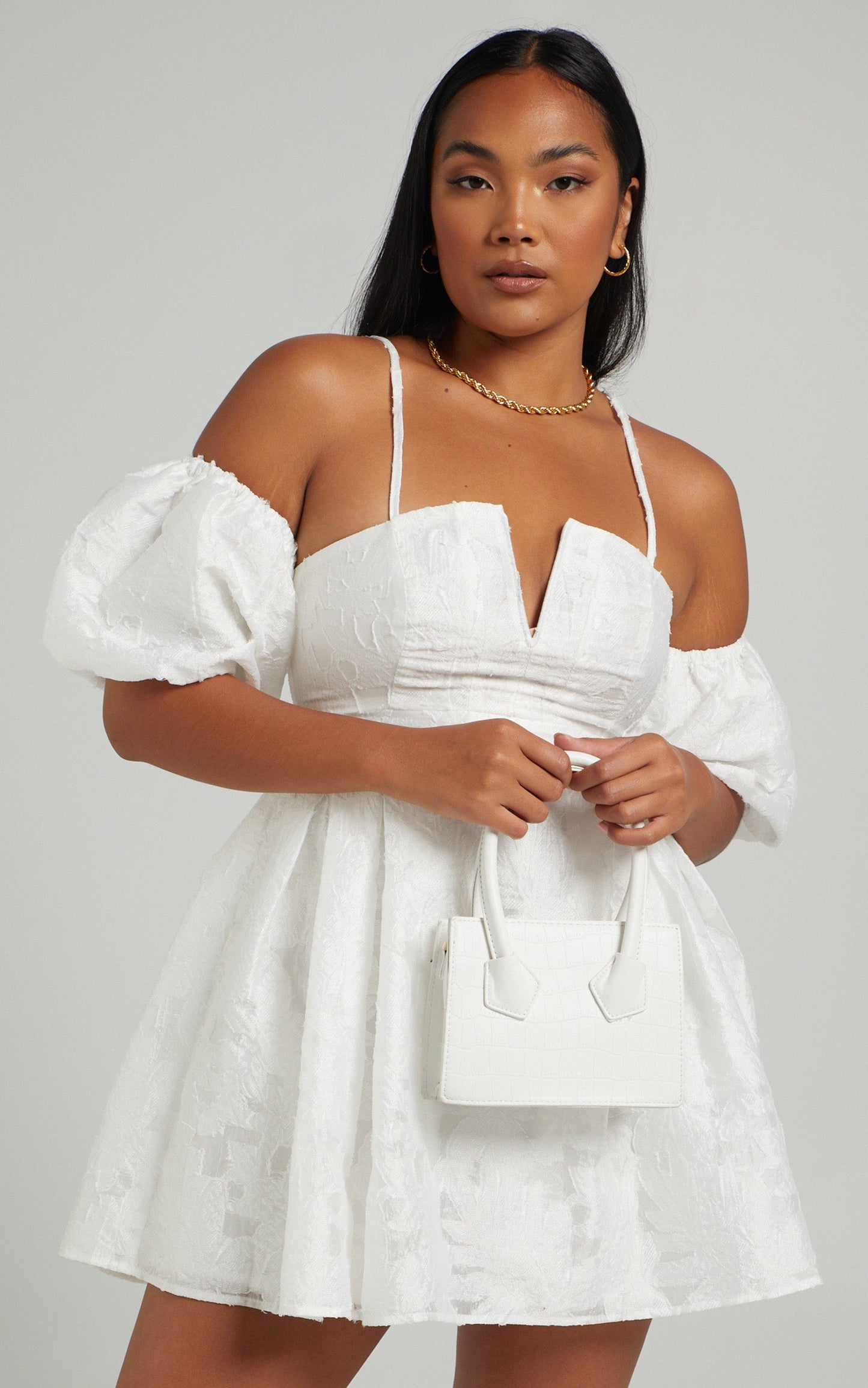 Mayca Off Shoulder Mini Dress in White Organza