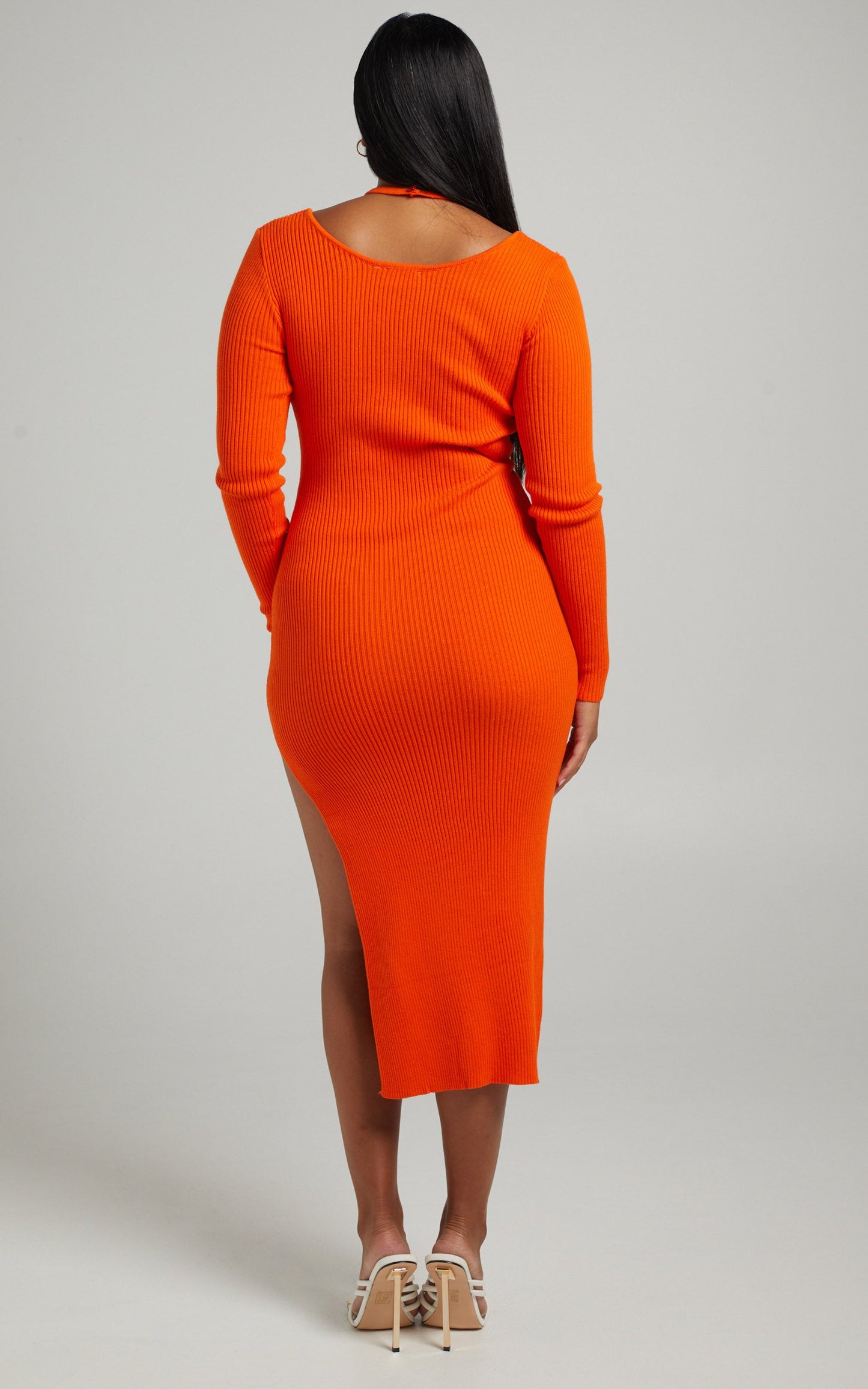 Vallery Midi Dress - Ribbed Long Sleeve Halter Neck Dress in Orange
