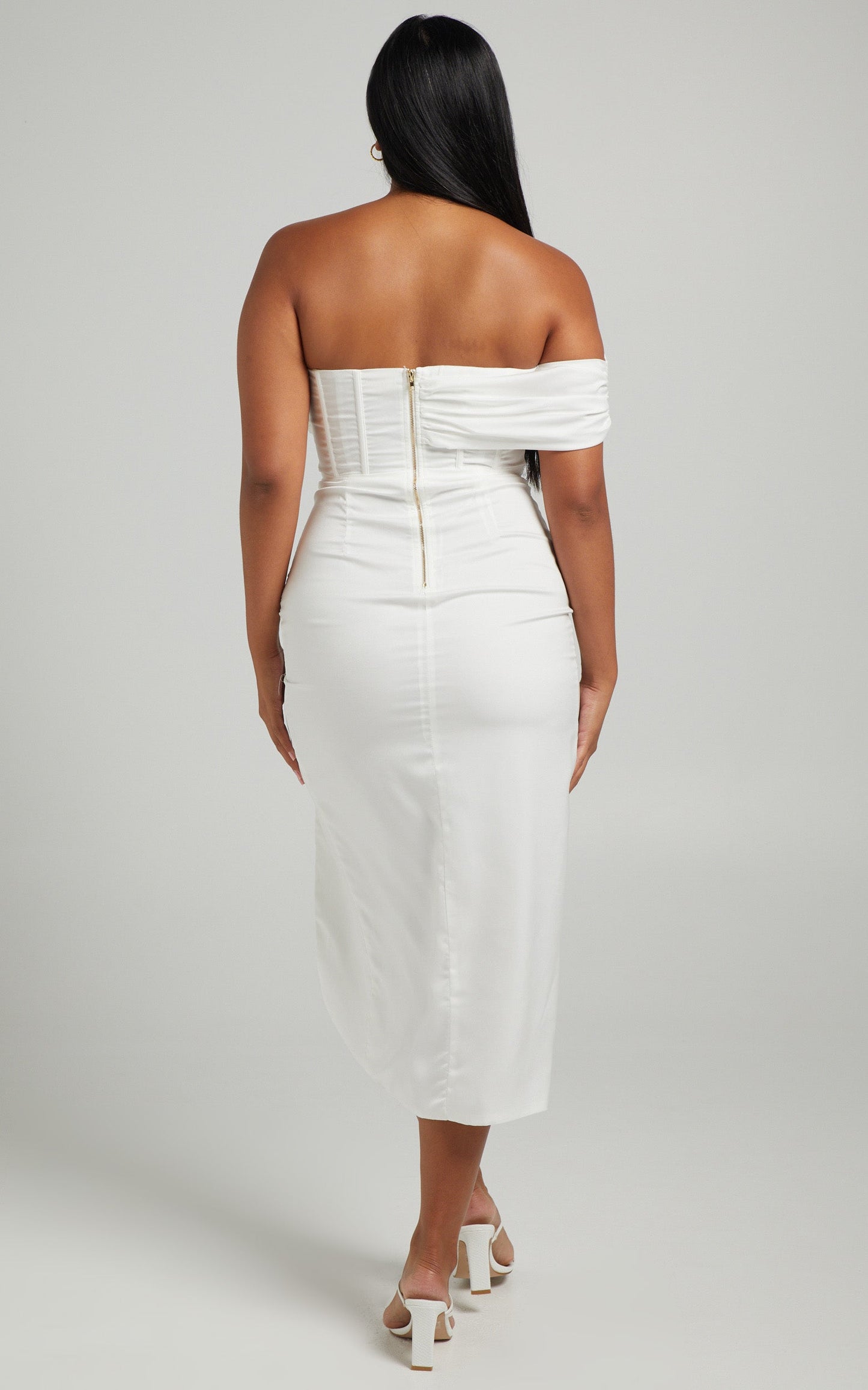 Hawk Midi Dress - Off Shoulder Corset Drawstring Detail Dress in White