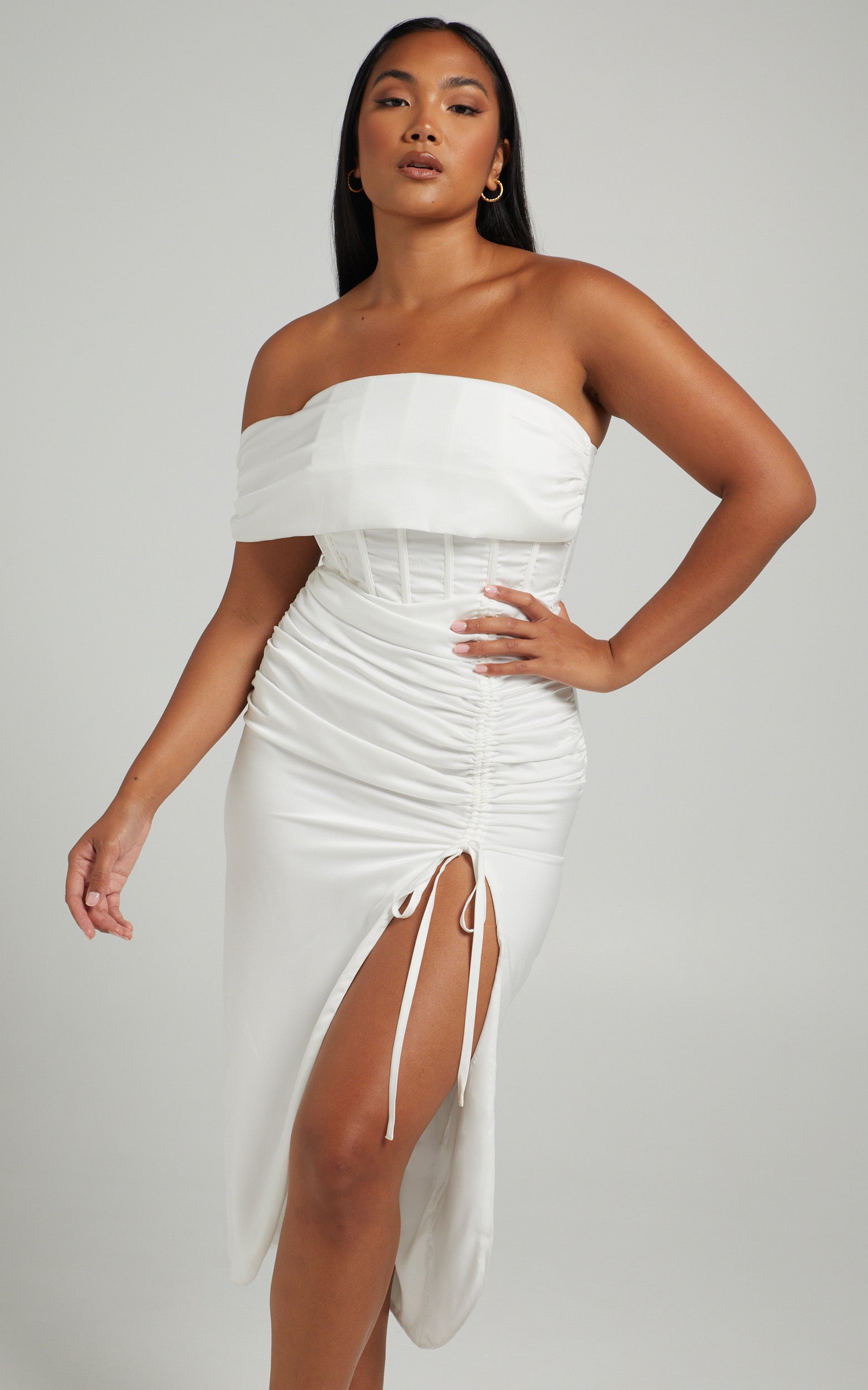 Hawk Midi Dress - Off Shoulder Corset Drawstring Detail Dress in White