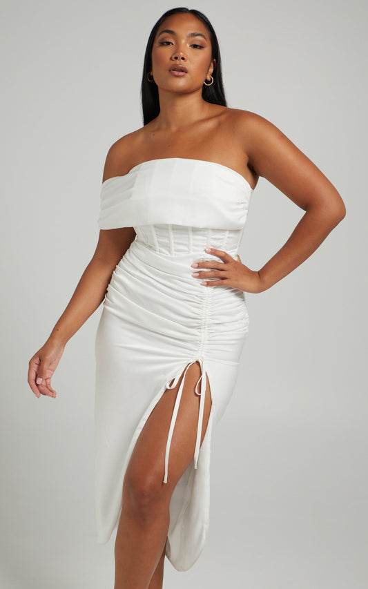 Hawk Midi Dress - Off Shoulder Corset Drawstring Detail Dress in White